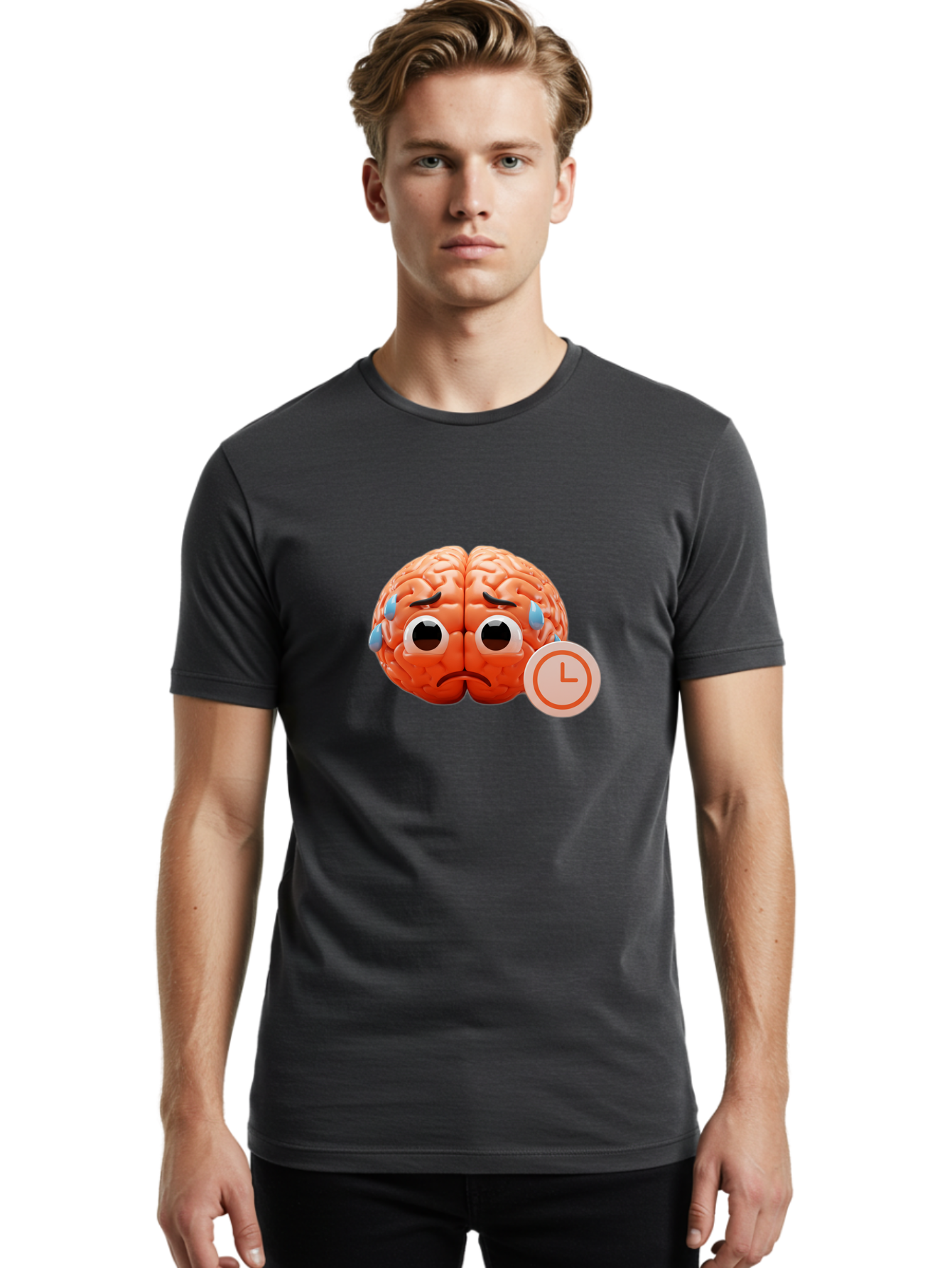 Sad-Brain Men'S Graphic Tee, 100% Cotton, Comfortable Casual Summer Wear, Machine Washable, Sad Brain, Stressed Brain, Anxiety, Frowning Face, Tears, Mental Health, Brain Fatigue, Stress Emotions, Frustration, Cartoon Brain Bab371