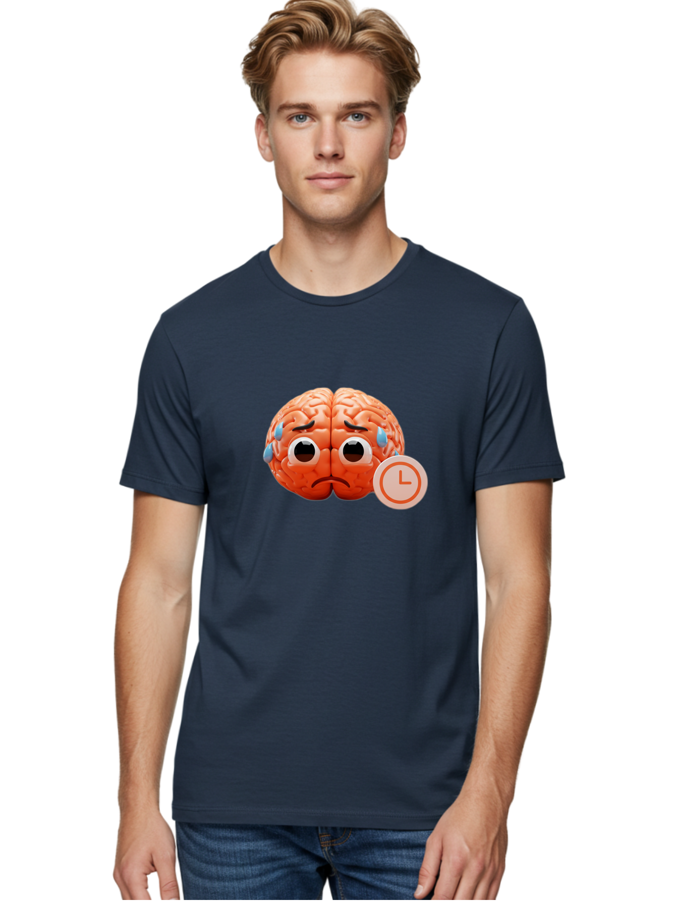 Sad-Brain Men'S Graphic Tee, 100% Cotton, Comfortable Casual Summer Wear, Machine Washable, Sad Brain, Stressed Brain, Anxiety, Frowning Face, Tears, Mental Health, Brain Fatigue, Stress Emotions, Frustration, Cartoon Brain Bab371