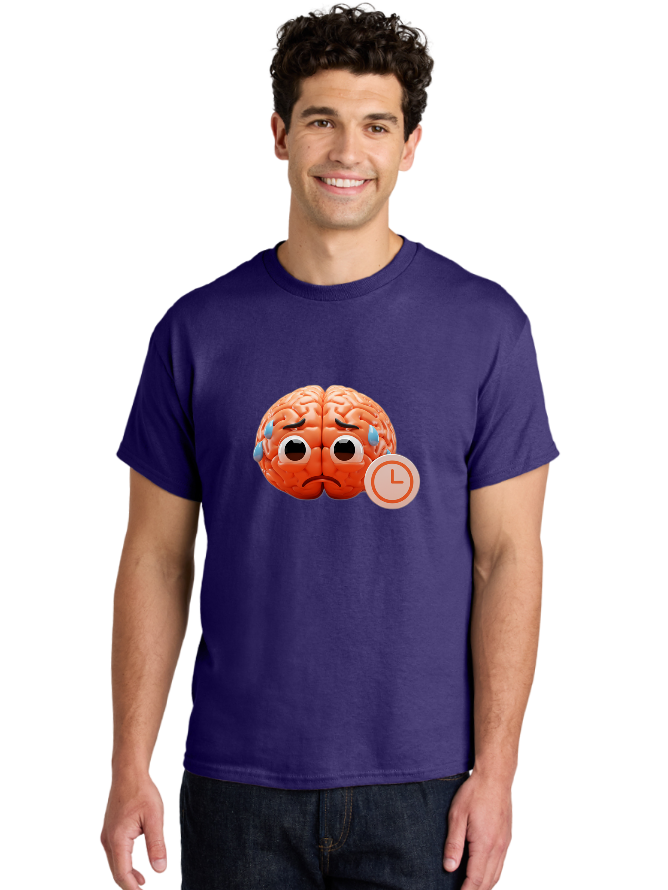 Sad-Brain Men'S Graphic Tee, 100% Cotton, Comfortable Casual Summer Wear, Machine Washable, Sad Brain, Stressed Brain, Anxiety, Frowning Face, Tears, Mental Health, Brain Fatigue, Stress Emotions, Frustration, Cartoon Brain Bab371