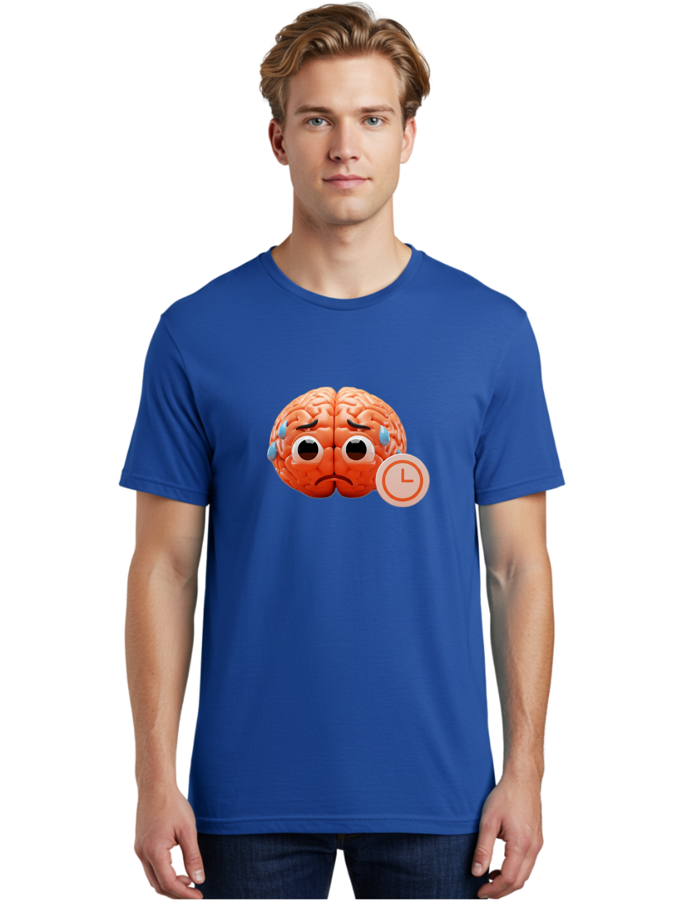 Sad-Brain Men'S Graphic Tee, 100% Cotton, Comfortable Casual Summer Wear, Machine Washable, Sad Brain, Stressed Brain, Anxiety, Frowning Face, Tears, Mental Health, Brain Fatigue, Stress Emotions, Frustration, Cartoon Brain Bab371