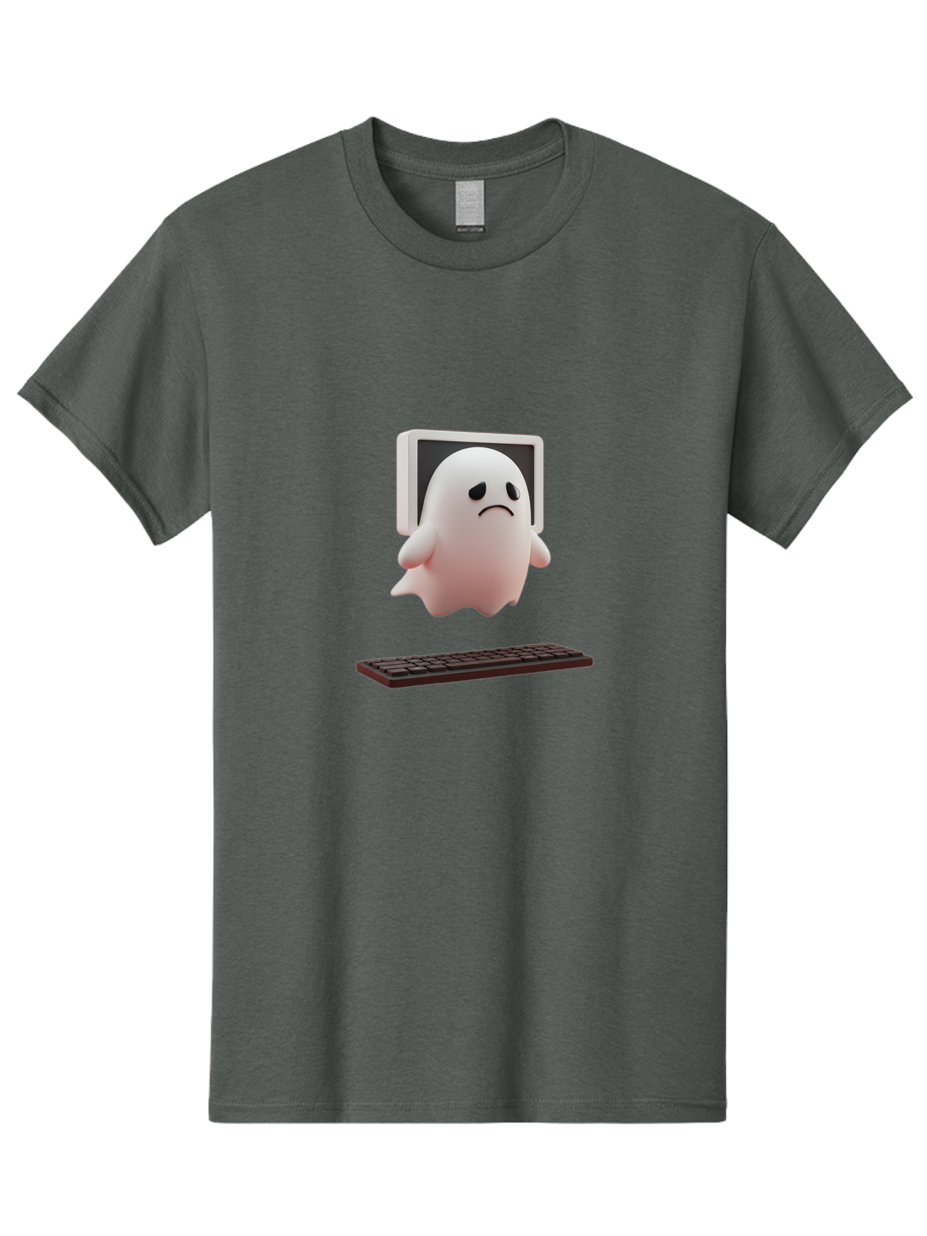 Sad-Ghost Men'S Graphic Tee, 100% Cotton, Comfortable Casual Summer Wear, Machine Washable, Sad Ghost, Unhappy Facial Expression, Ghost Character, Computer Monitor, Keyboard, Digital Illustration, 3D Rendering, Cartoon Ghost, Frowning Face Bab374
