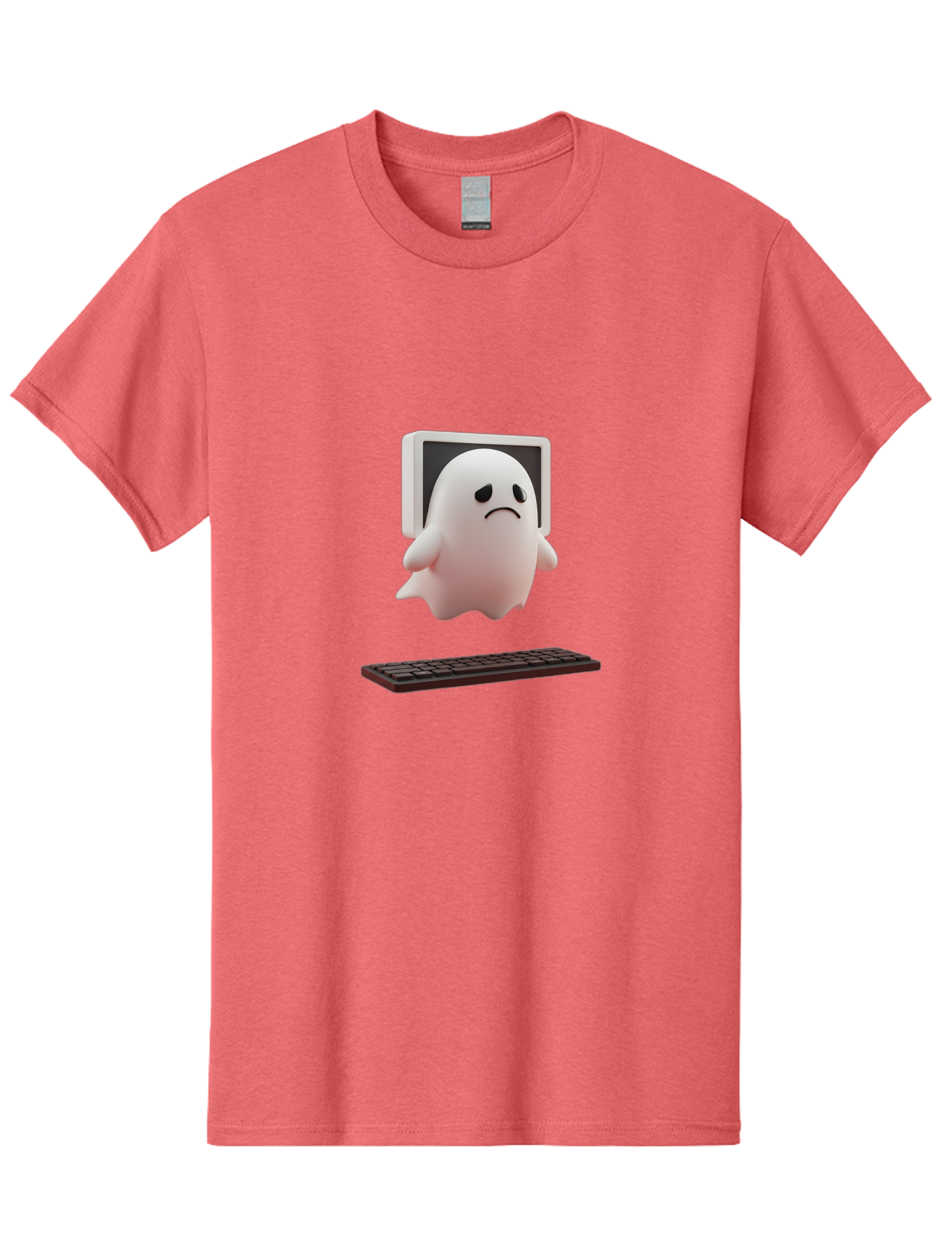 Sad-Ghost Men'S Graphic Tee, 100% Cotton, Comfortable Casual Summer Wear, Machine Washable, Sad Ghost, Unhappy Facial Expression, Ghost Character, Computer Monitor, Keyboard, Digital Illustration, 3D Rendering, Cartoon Ghost, Frowning Face Bab374