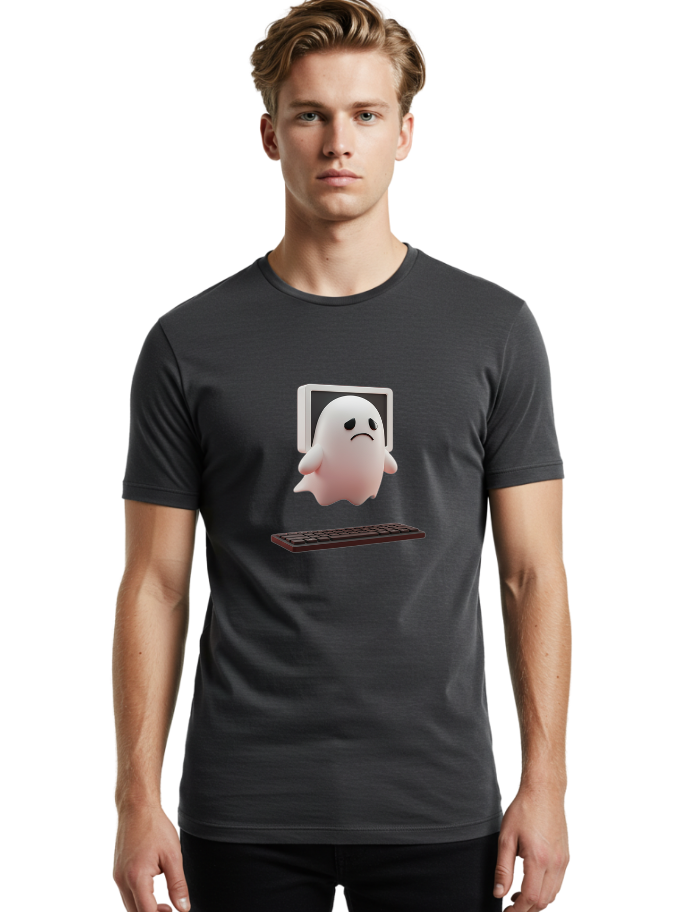 Sad-Ghost Men'S Graphic Tee, 100% Cotton, Comfortable Casual Summer Wear, Machine Washable, Sad Ghost, Unhappy Facial Expression, Ghost Character, Computer Monitor, Keyboard, Digital Illustration, 3D Rendering, Cartoon Ghost, Frowning Face Bab374