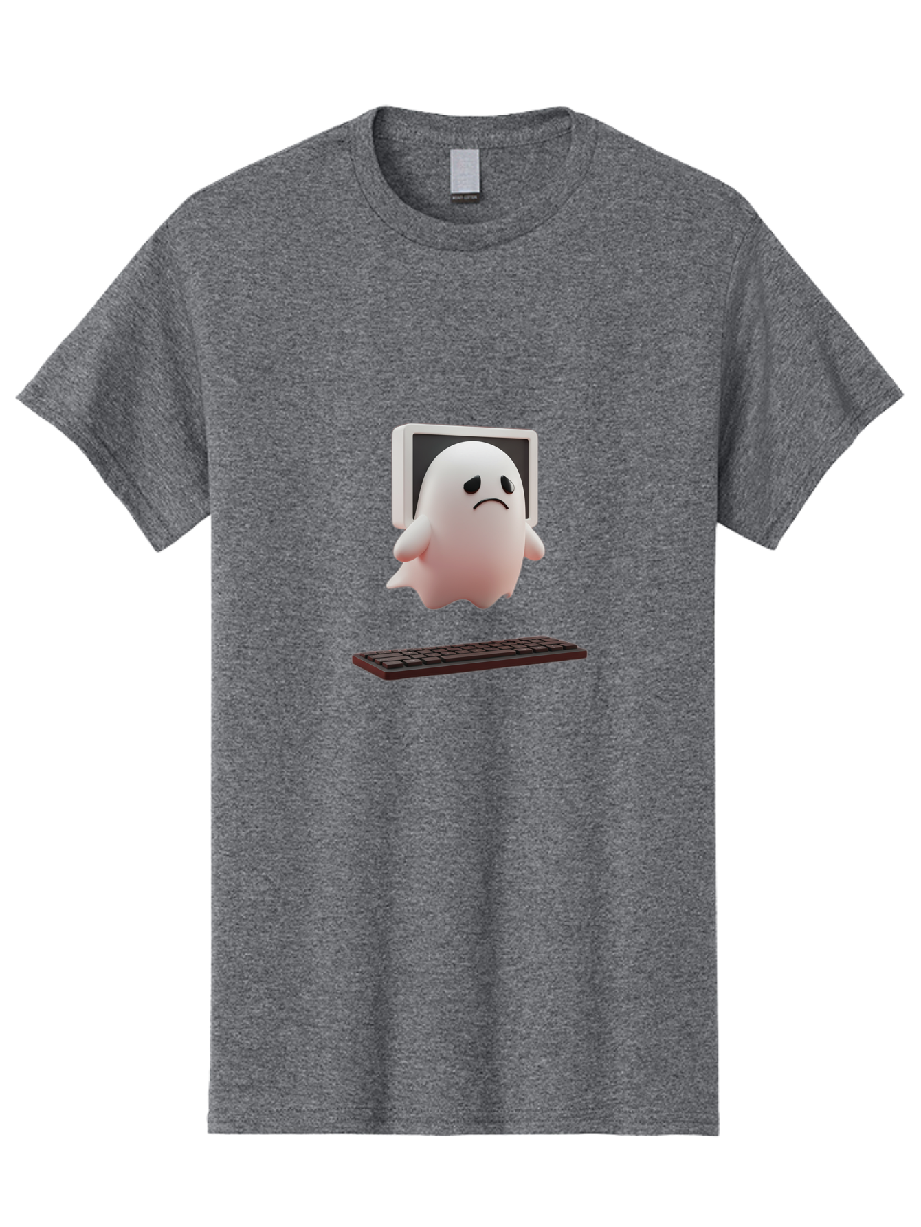 Sad-Ghost Men'S Graphic Tee, 100% Cotton, Comfortable Casual Summer Wear, Machine Washable, Sad Ghost, Unhappy Facial Expression, Ghost Character, Computer Monitor, Keyboard, Digital Illustration, 3D Rendering, Cartoon Ghost, Frowning Face Bab374