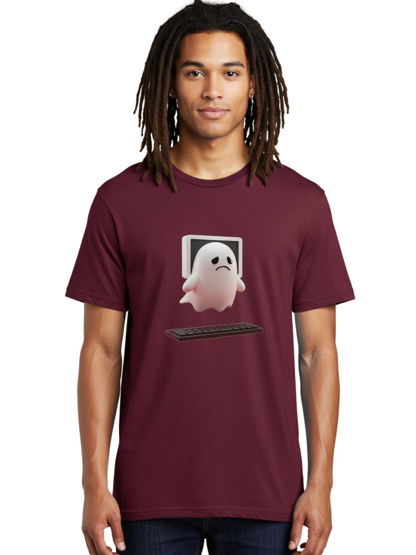 Sad-Ghost Men'S Graphic Tee, 100% Cotton, Comfortable Casual Summer Wear, Machine Washable, Sad Ghost, Unhappy Facial Expression, Ghost Character, Computer Monitor, Keyboard, Digital Illustration, 3D Rendering, Cartoon Ghost, Frowning Face Bab374