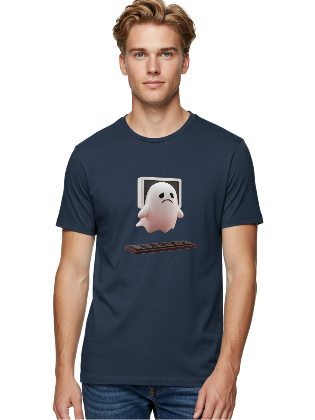 Sad-Ghost Men'S Graphic Tee, 100% Cotton, Comfortable Casual Summer Wear, Machine Washable, Sad Ghost, Unhappy Facial Expression, Ghost Character, Computer Monitor, Keyboard, Digital Illustration, 3D Rendering, Cartoon Ghost, Frowning Face Bab374