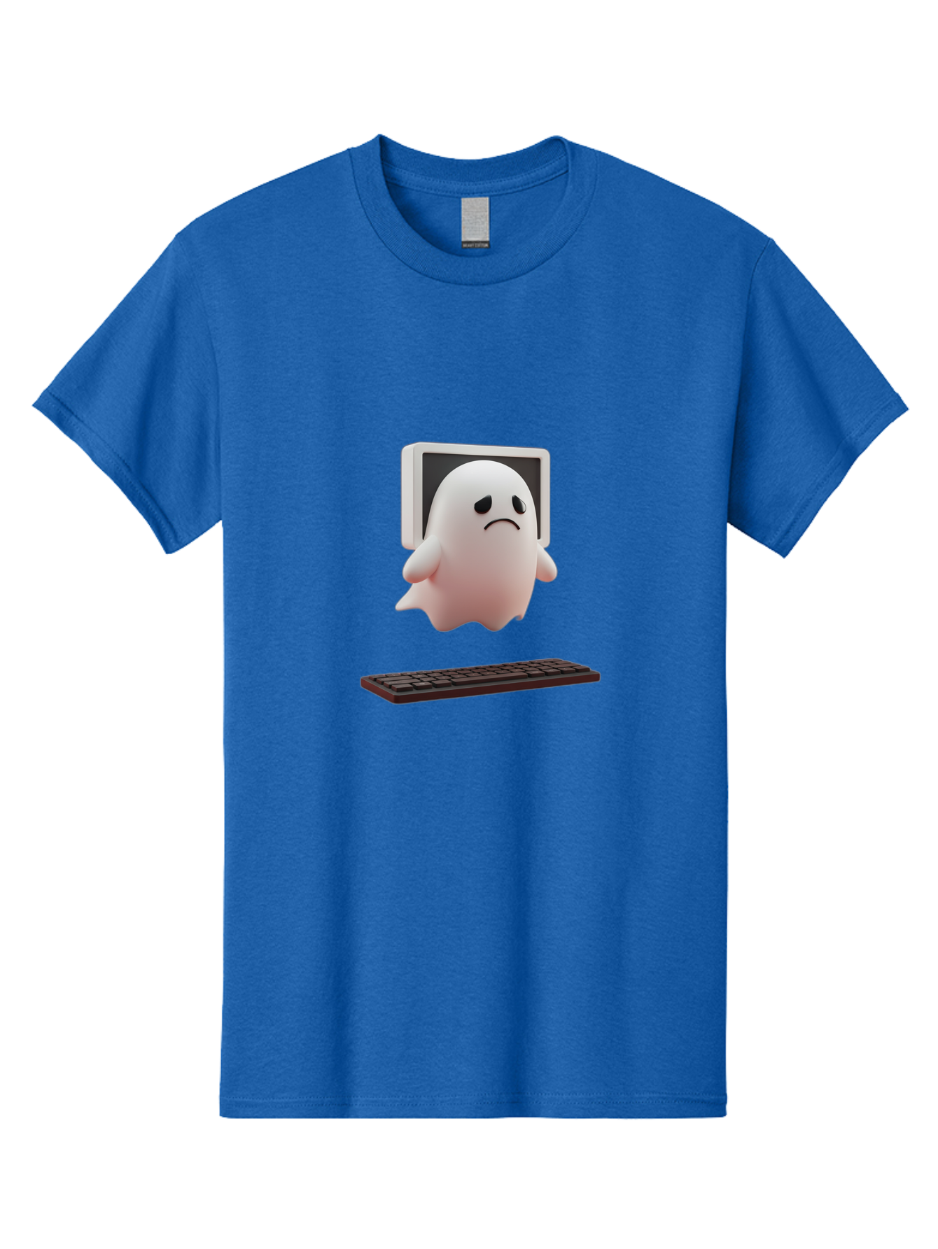 Sad-Ghost Men'S Graphic Tee, 100% Cotton, Comfortable Casual Summer Wear, Machine Washable, Sad Ghost, Unhappy Facial Expression, Ghost Character, Computer Monitor, Keyboard, Digital Illustration, 3D Rendering, Cartoon Ghost, Frowning Face Bab374