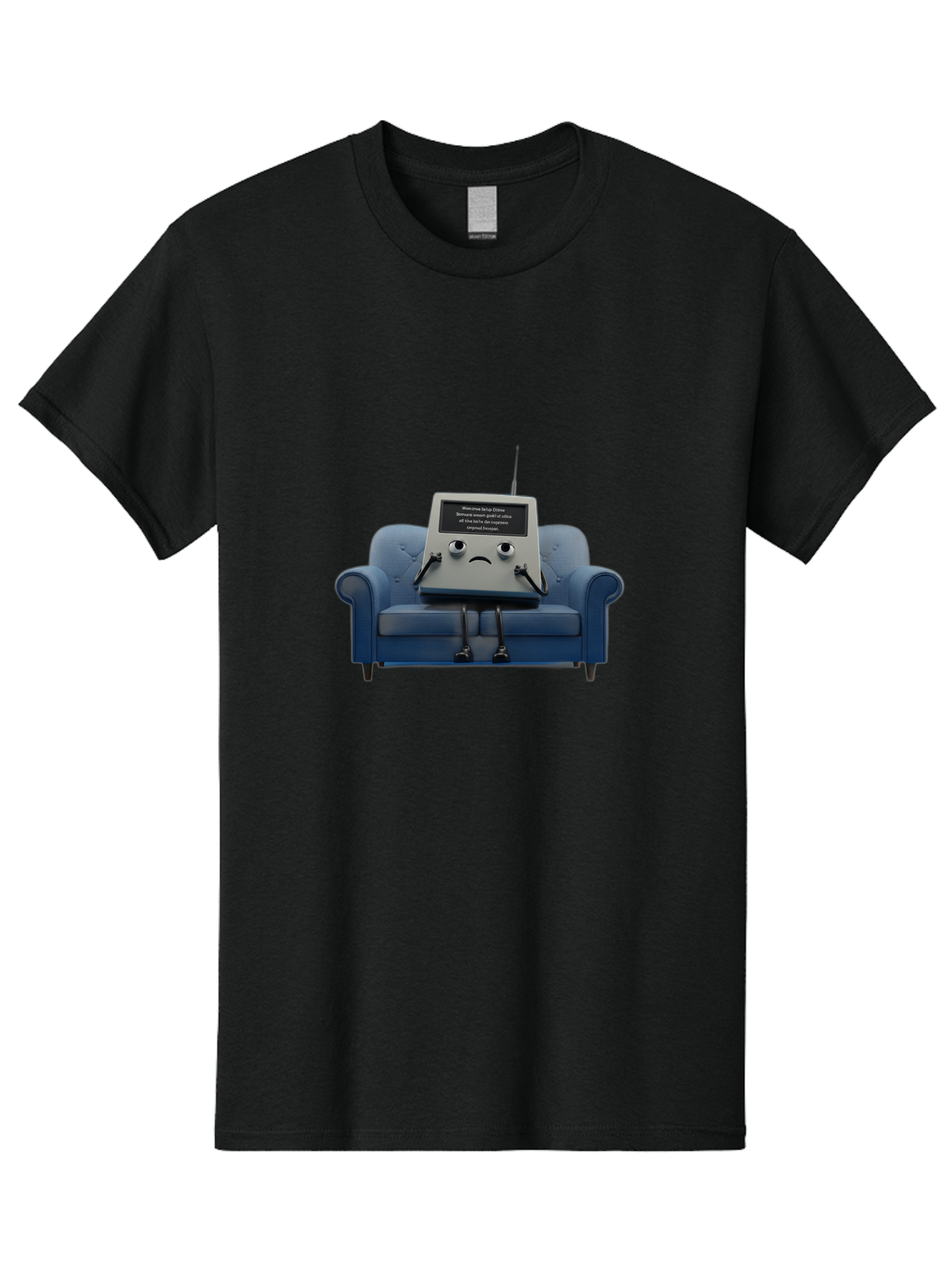 Sad-Laptop Men'S Graphic Tee, 100% Cotton, Comfortable Casual Summer Wear, Machine Washable, Sad Computer On Sofa, Blue Armchair, Frowning Face, Black Screen, Robotic Legs, Error Message, Quirky Character, Futuristic Design, Tech Humor, Bab375