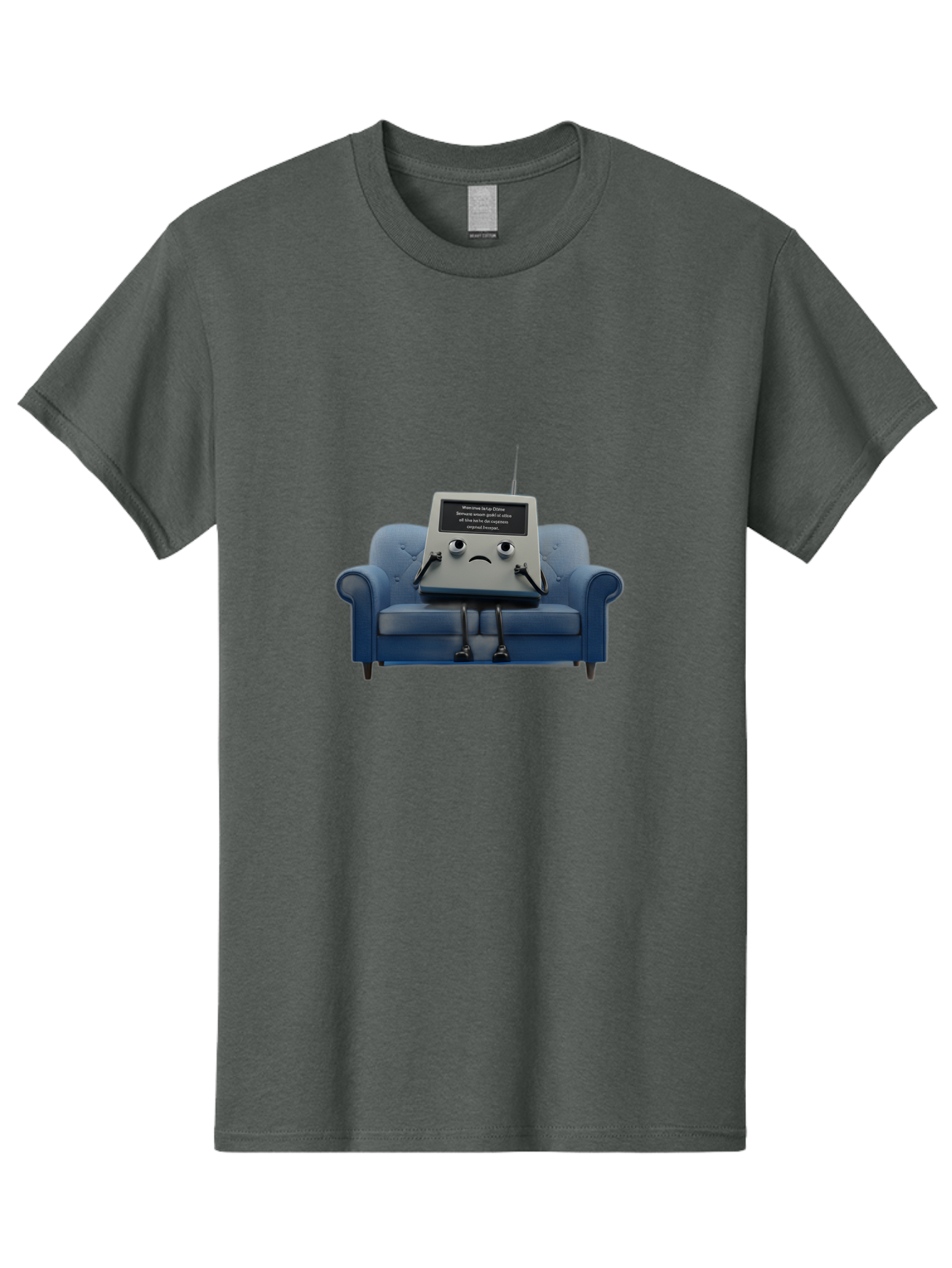 Sad-Laptop Men'S Graphic Tee, 100% Cotton, Comfortable Casual Summer Wear, Machine Washable, Sad Computer On Sofa, Blue Armchair, Frowning Face, Black Screen, Robotic Legs, Error Message, Quirky Character, Futuristic Design, Tech Humor, Bab375