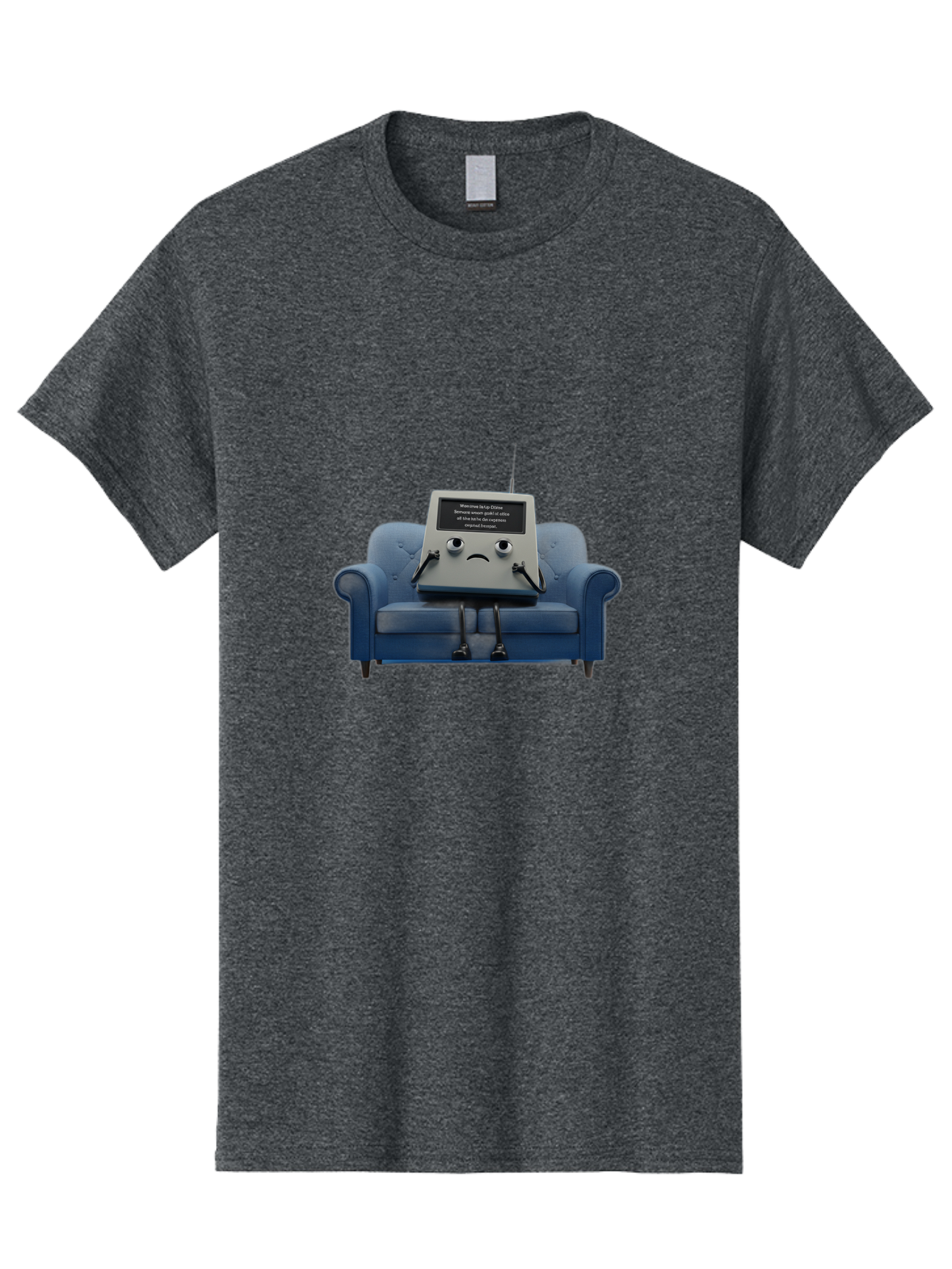 Sad-Laptop Men'S Graphic Tee, 100% Cotton, Comfortable Casual Summer Wear, Machine Washable, Sad Computer On Sofa, Blue Armchair, Frowning Face, Black Screen, Robotic Legs, Error Message, Quirky Character, Futuristic Design, Tech Humor, Bab375