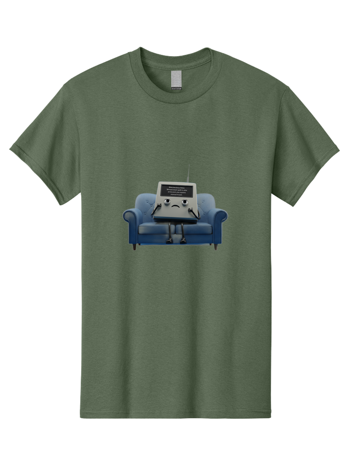 Sad-Laptop Men'S Graphic Tee, 100% Cotton, Comfortable Casual Summer Wear, Machine Washable, Sad Computer On Sofa, Blue Armchair, Frowning Face, Black Screen, Robotic Legs, Error Message, Quirky Character, Futuristic Design, Tech Humor, Bab375