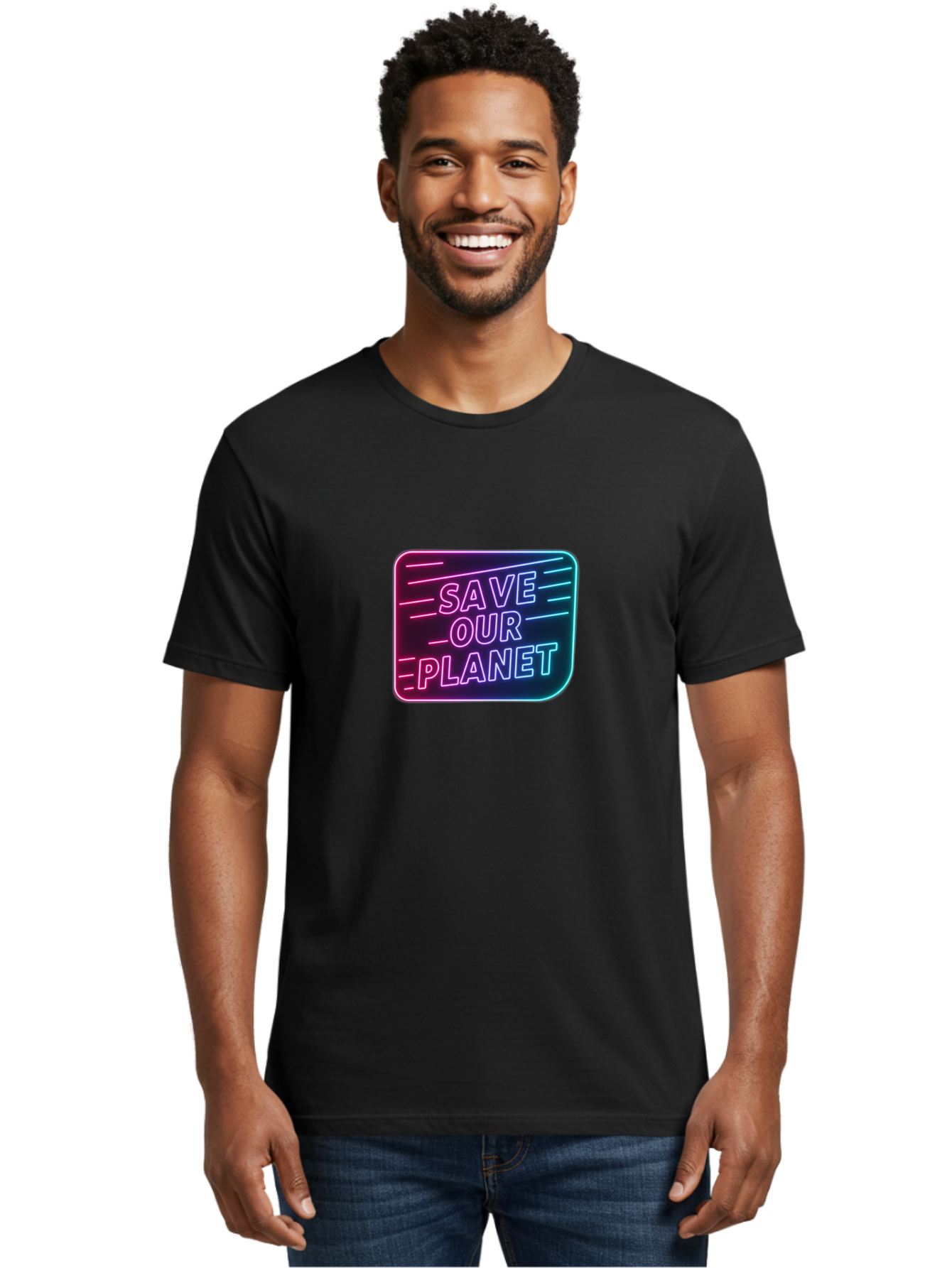 Save-Our-Planet-3 Men'S Graphic Tee, 100% Cotton, Comfortable Casual Summer Wear, Machine Washable, Neon Sign, Save Our Planet, Environmental Awareness, Eco-Friendly Message, Sustainability, Conservation, Activism, Social Impact, Neon Lights Bab379