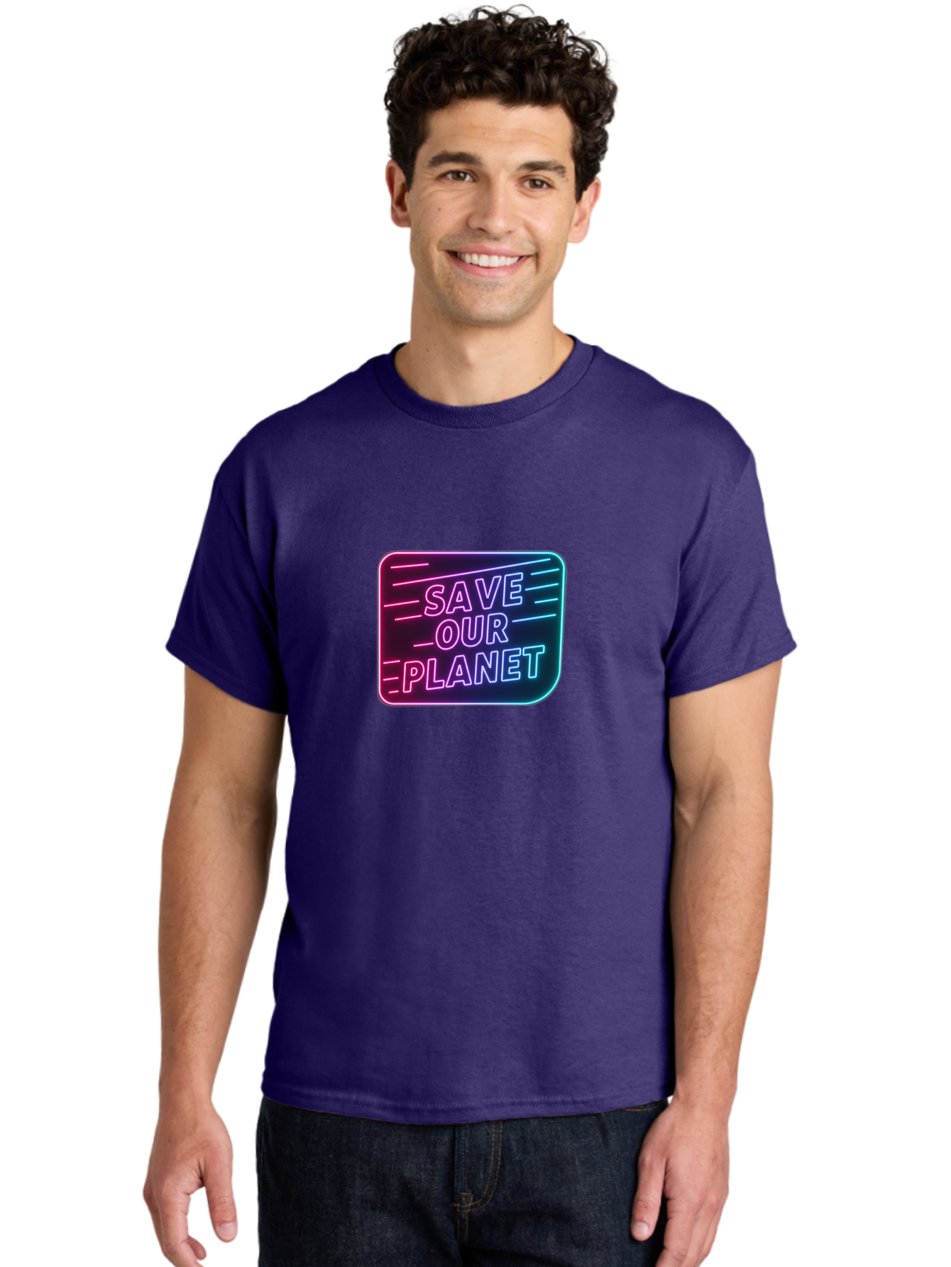 Save-Our-Planet-3 Men'S Graphic Tee, 100% Cotton, Comfortable Casual Summer Wear, Machine Washable, Neon Sign, Save Our Planet, Environmental Awareness, Eco-Friendly Message, Sustainability, Conservation, Activism, Social Impact, Neon Lights Bab379