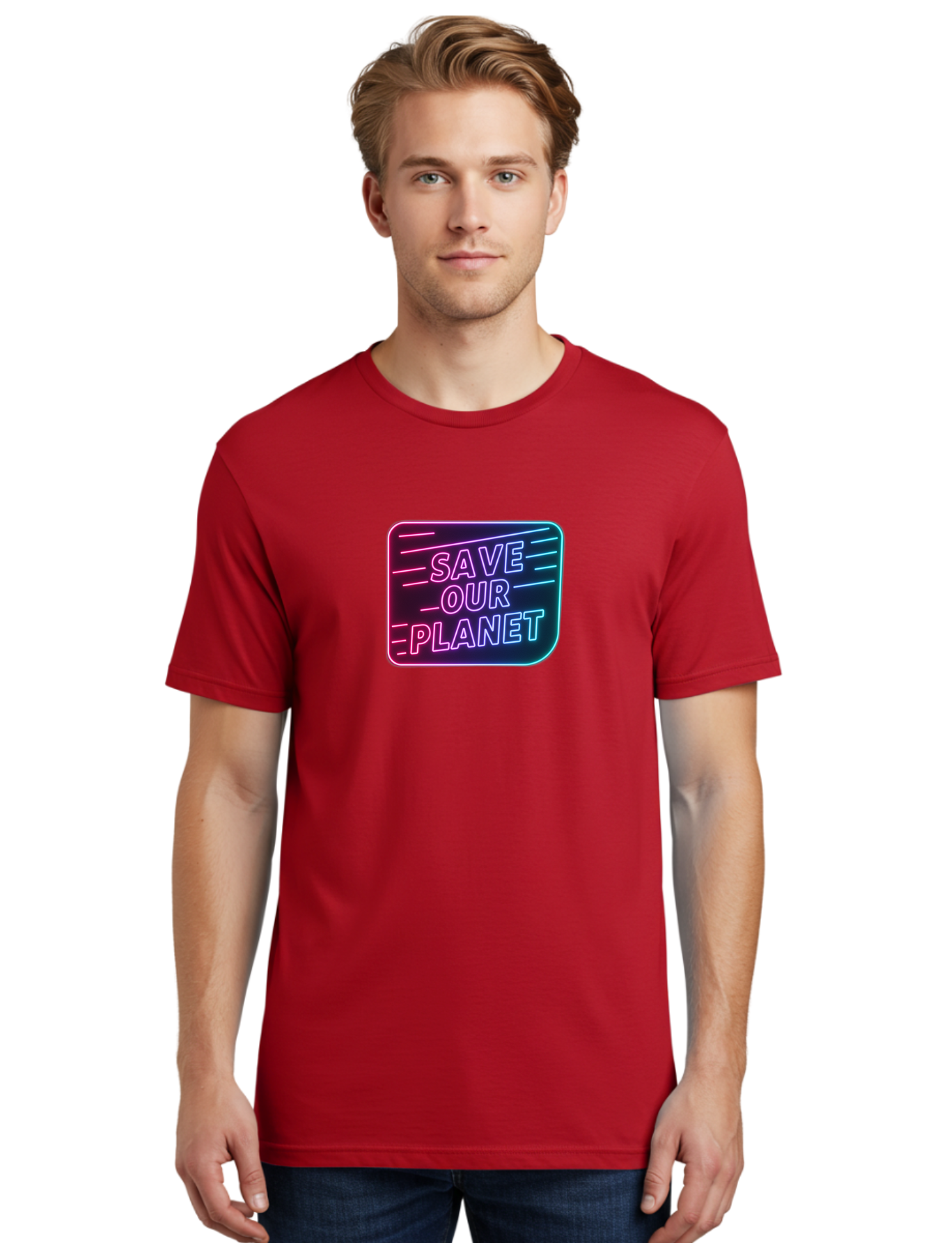 Save-Our-Planet-3 Men'S Graphic Tee, 100% Cotton, Comfortable Casual Summer Wear, Machine Washable, Neon Sign, Save Our Planet, Environmental Awareness, Eco-Friendly Message, Sustainability, Conservation, Activism, Social Impact, Neon Lights Bab379