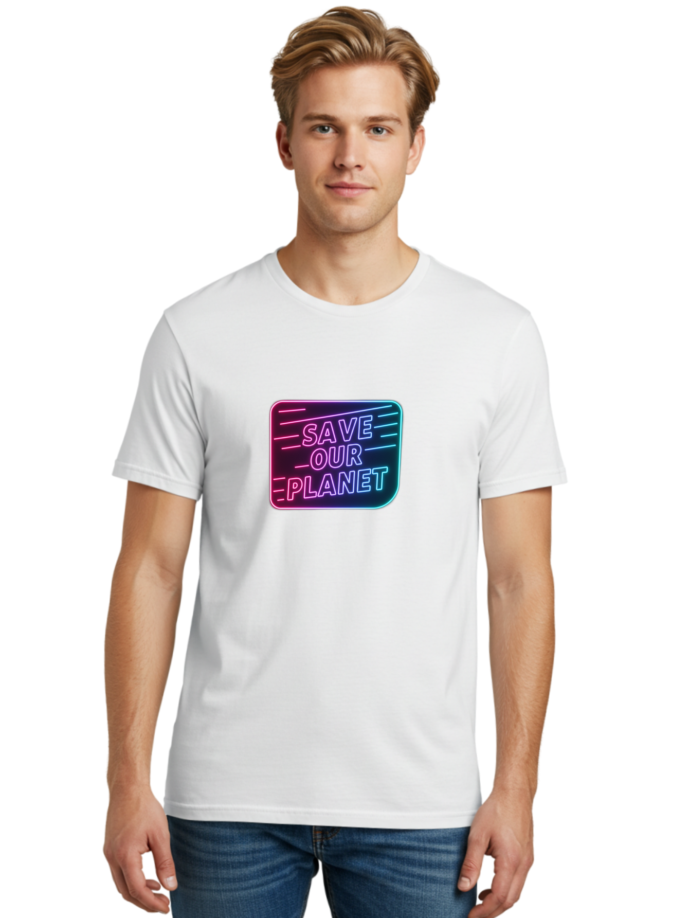 Save-Our-Planet-3 Men'S Graphic Tee, 100% Cotton, Comfortable Casual Summer Wear, Machine Washable, Neon Sign, Save Our Planet, Environmental Awareness, Eco-Friendly Message, Sustainability, Conservation, Activism, Social Impact, Neon Lights Bab379