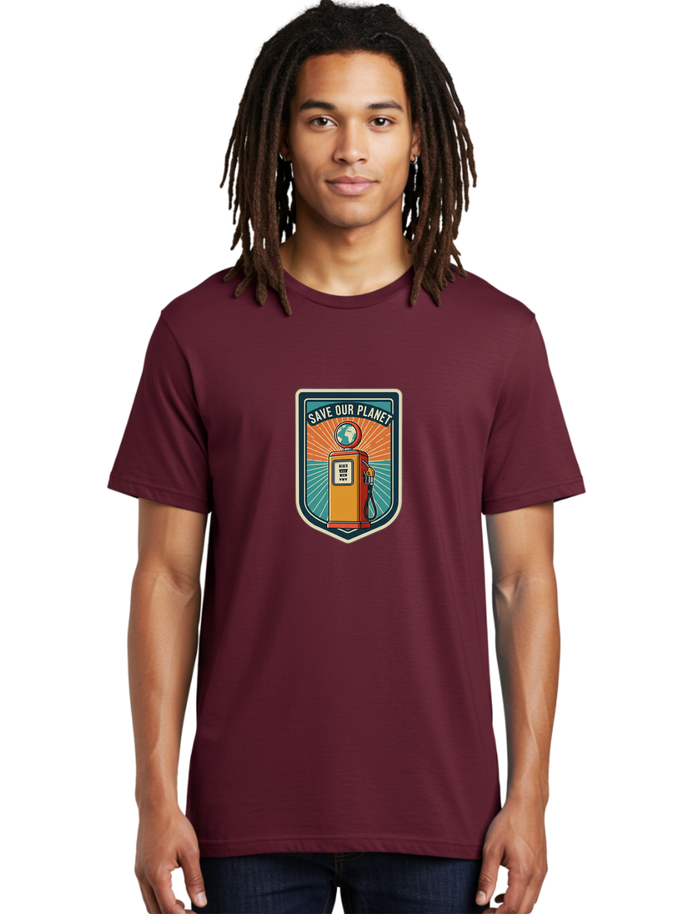 Save-Our-Planet-4 Men'S Graphic Tee, 100% Cotton, Comfortable Casual Summer Wear, Machine Washable, Gas Pump, Eco-Friendly Message, Save Our Planet, Environmental Awareness, Sustainable Living, Green Initiative, Retro-Futuristic Design, Bab380