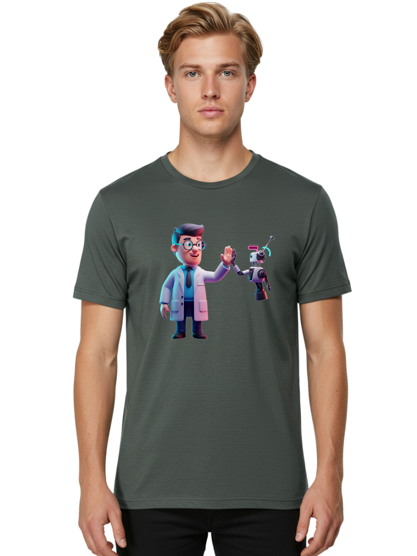 Scientist-And-Robot Men'S Graphic Tee, 100% Cotton, Comfortable Casual Summer Wear, Machine Washable, Scientist In Lab Coat, Robot Companion, High Five Gesture, Futuristic Technology, Artificial Intelligence, Collaboration, Teamwork, Bab387