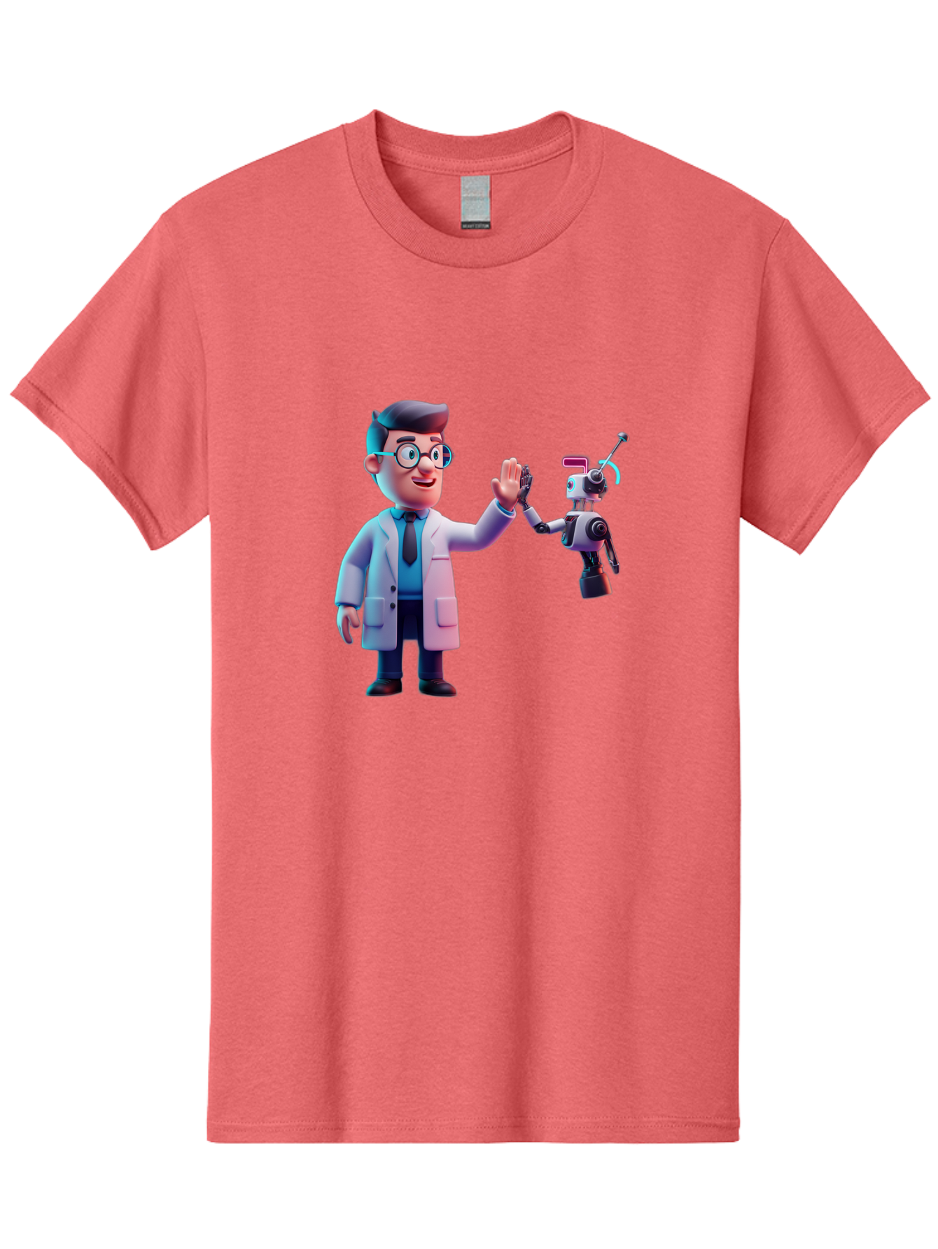 Scientist-And-Robot Men'S Graphic Tee, 100% Cotton, Comfortable Casual Summer Wear, Machine Washable, Scientist In Lab Coat, Robot Companion, High Five Gesture, Futuristic Technology, Artificial Intelligence, Collaboration, Teamwork, Bab387