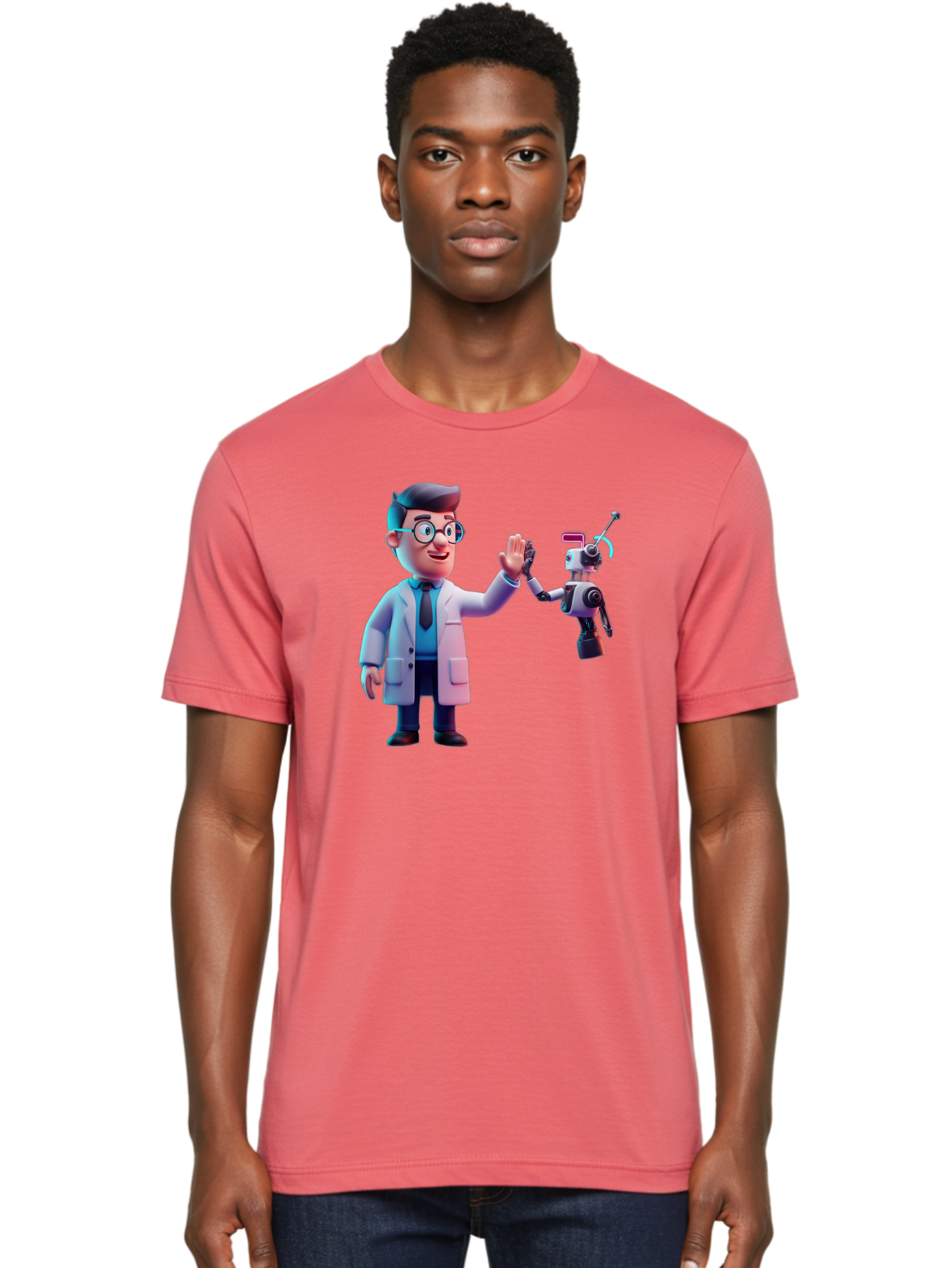 Scientist-And-Robot Men'S Graphic Tee, 100% Cotton, Comfortable Casual Summer Wear, Machine Washable, Scientist In Lab Coat, Robot Companion, High Five Gesture, Futuristic Technology, Artificial Intelligence, Collaboration, Teamwork, Bab387