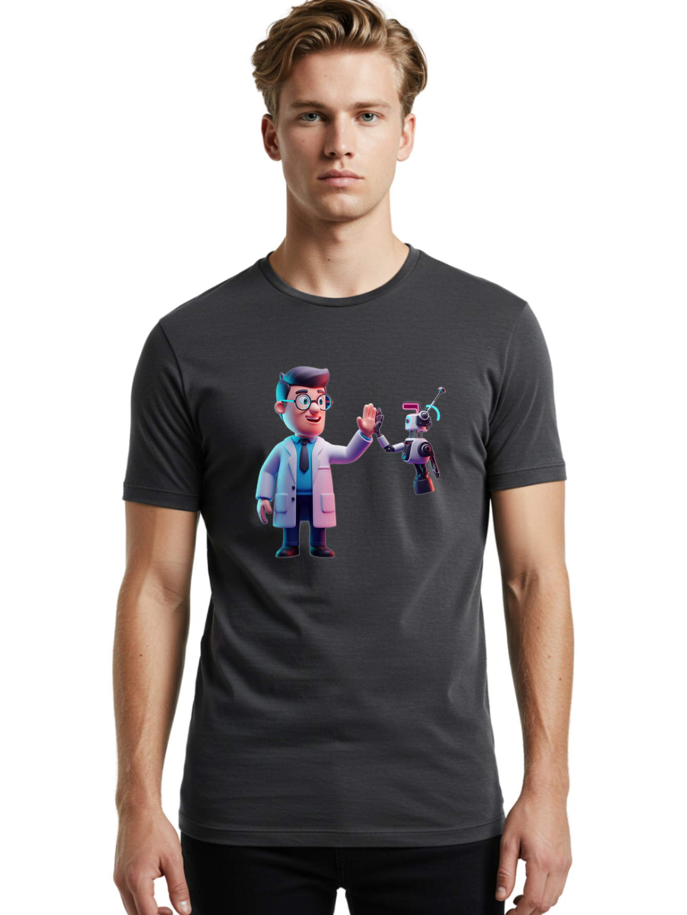 Scientist-And-Robot Men'S Graphic Tee, 100% Cotton, Comfortable Casual Summer Wear, Machine Washable, Scientist In Lab Coat, Robot Companion, High Five Gesture, Futuristic Technology, Artificial Intelligence, Collaboration, Teamwork, Bab387