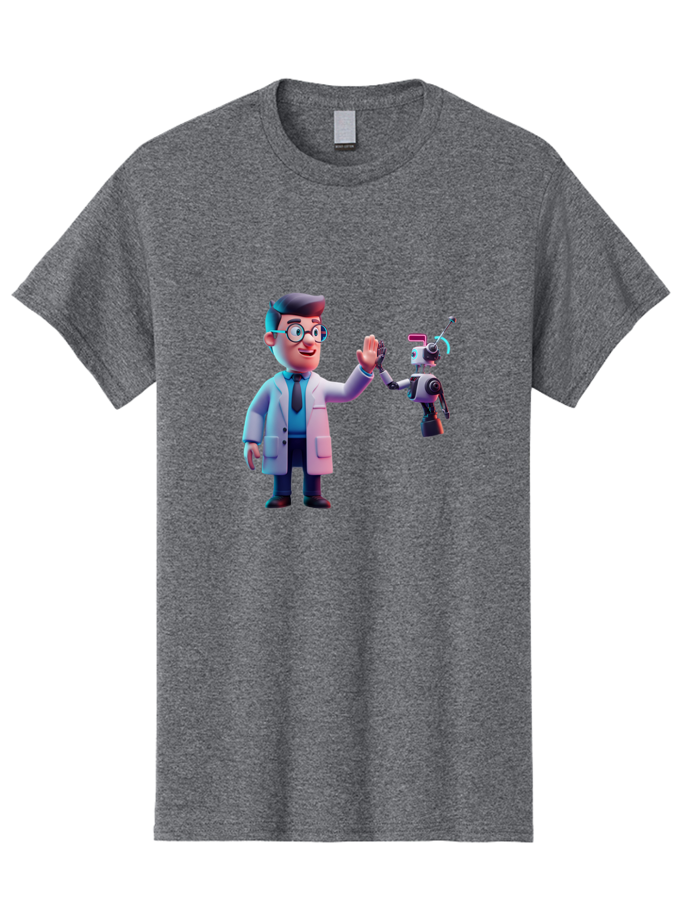 Scientist-And-Robot Men'S Graphic Tee, 100% Cotton, Comfortable Casual Summer Wear, Machine Washable, Scientist In Lab Coat, Robot Companion, High Five Gesture, Futuristic Technology, Artificial Intelligence, Collaboration, Teamwork, Bab387