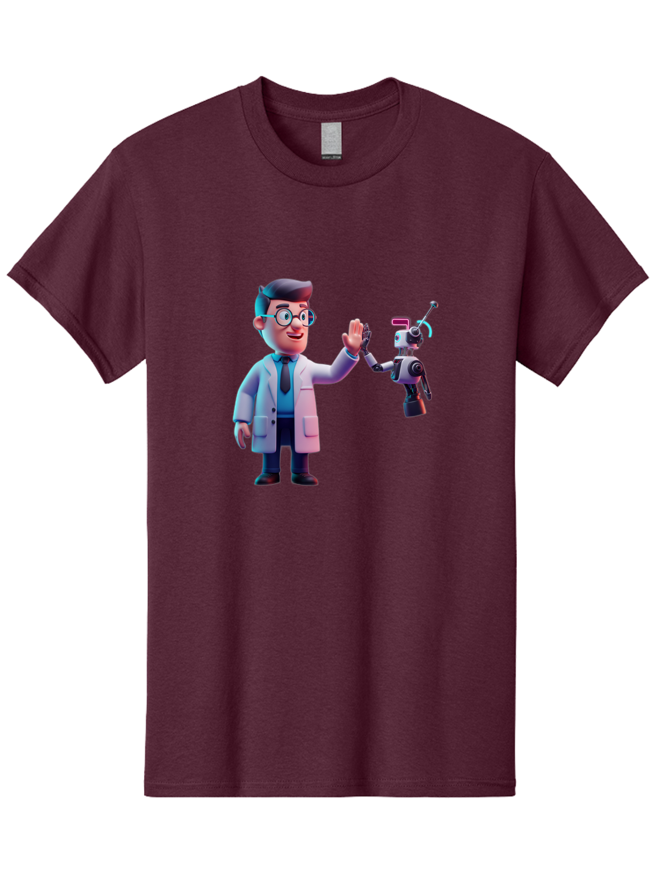 Scientist-And-Robot Men'S Graphic Tee, 100% Cotton, Comfortable Casual Summer Wear, Machine Washable, Scientist In Lab Coat, Robot Companion, High Five Gesture, Futuristic Technology, Artificial Intelligence, Collaboration, Teamwork, Bab387