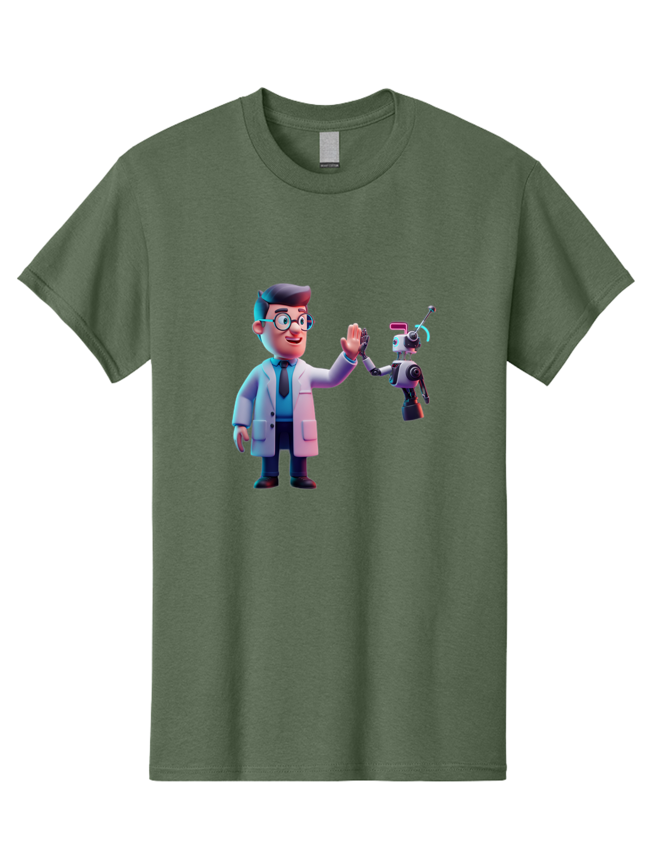 Scientist-And-Robot Men'S Graphic Tee, 100% Cotton, Comfortable Casual Summer Wear, Machine Washable, Scientist In Lab Coat, Robot Companion, High Five Gesture, Futuristic Technology, Artificial Intelligence, Collaboration, Teamwork, Bab387