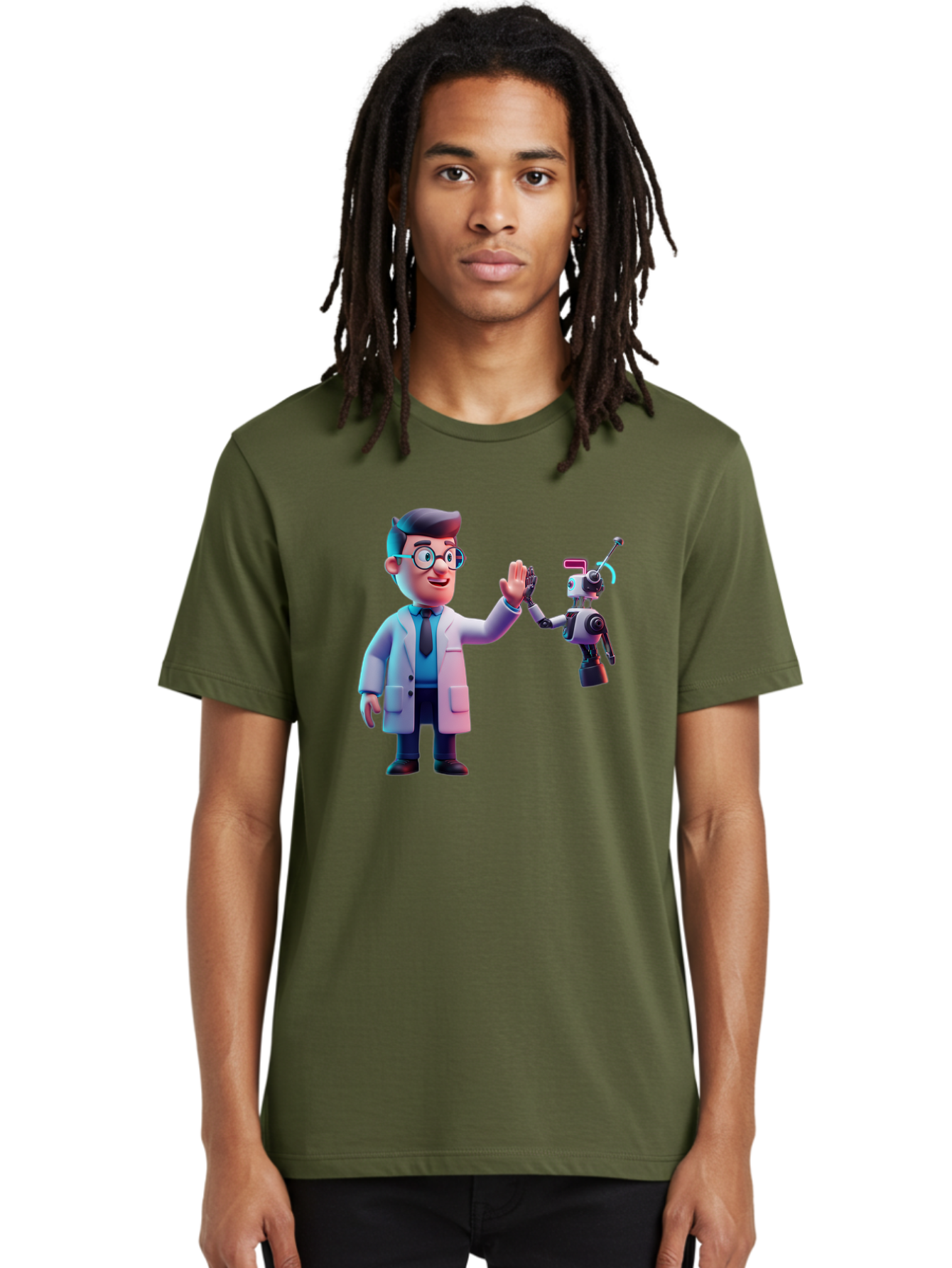 Scientist-And-Robot Men'S Graphic Tee, 100% Cotton, Comfortable Casual Summer Wear, Machine Washable, Scientist In Lab Coat, Robot Companion, High Five Gesture, Futuristic Technology, Artificial Intelligence, Collaboration, Teamwork, Bab387