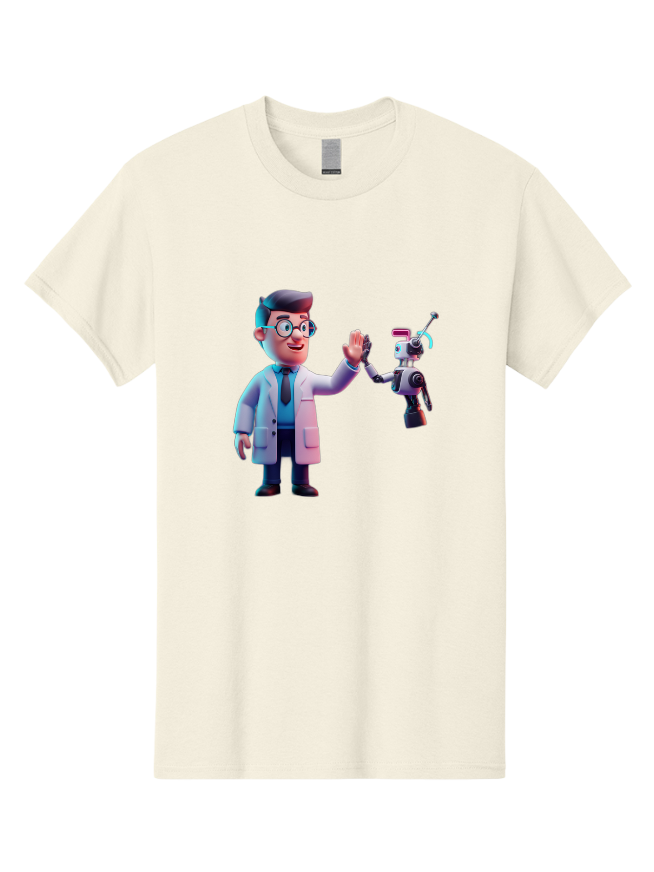 Scientist-And-Robot Men'S Graphic Tee, 100% Cotton, Comfortable Casual Summer Wear, Machine Washable, Scientist In Lab Coat, Robot Companion, High Five Gesture, Futuristic Technology, Artificial Intelligence, Collaboration, Teamwork, Bab387