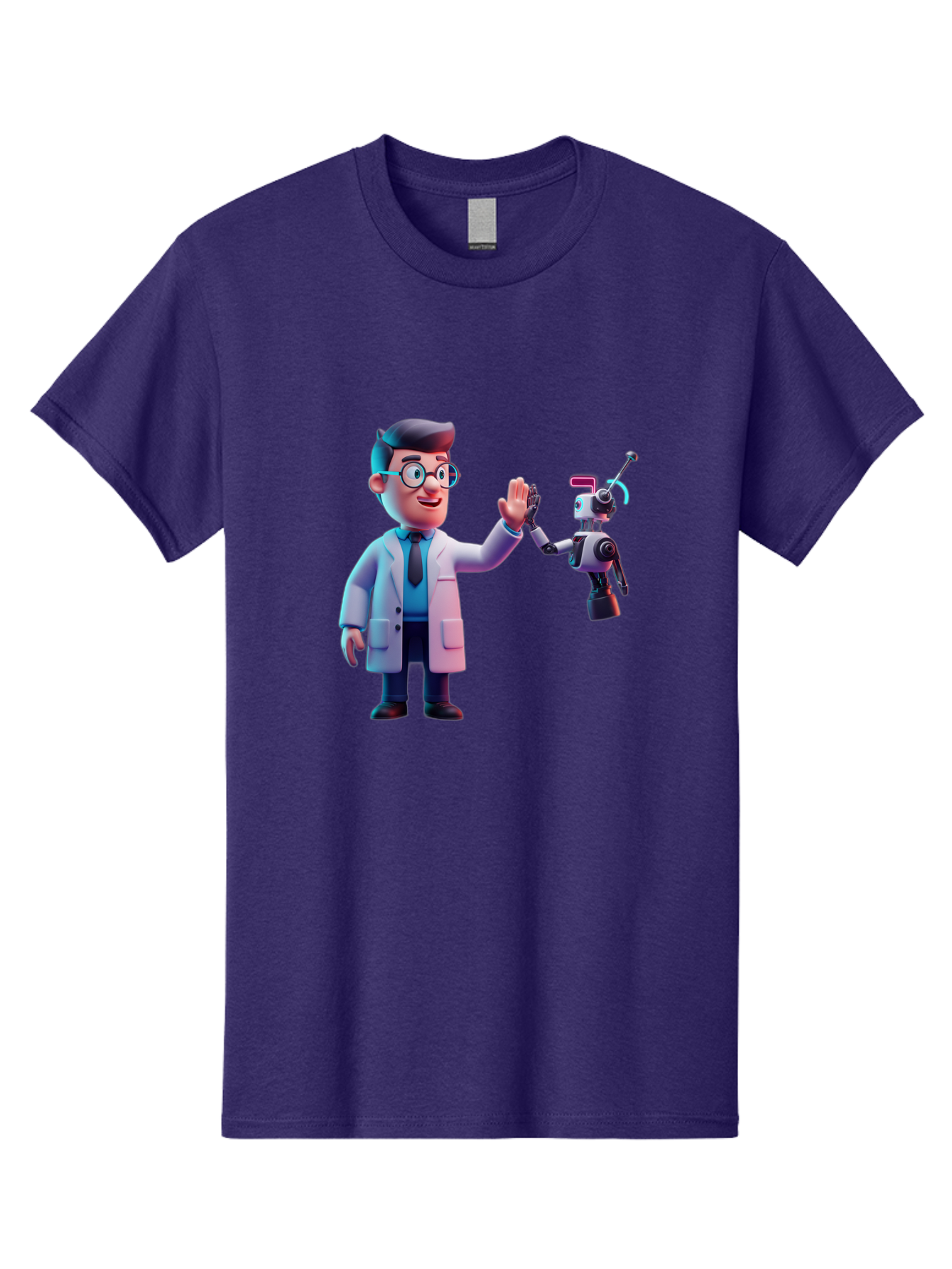 Scientist-And-Robot Men'S Graphic Tee, 100% Cotton, Comfortable Casual Summer Wear, Machine Washable, Scientist In Lab Coat, Robot Companion, High Five Gesture, Futuristic Technology, Artificial Intelligence, Collaboration, Teamwork, Bab387
