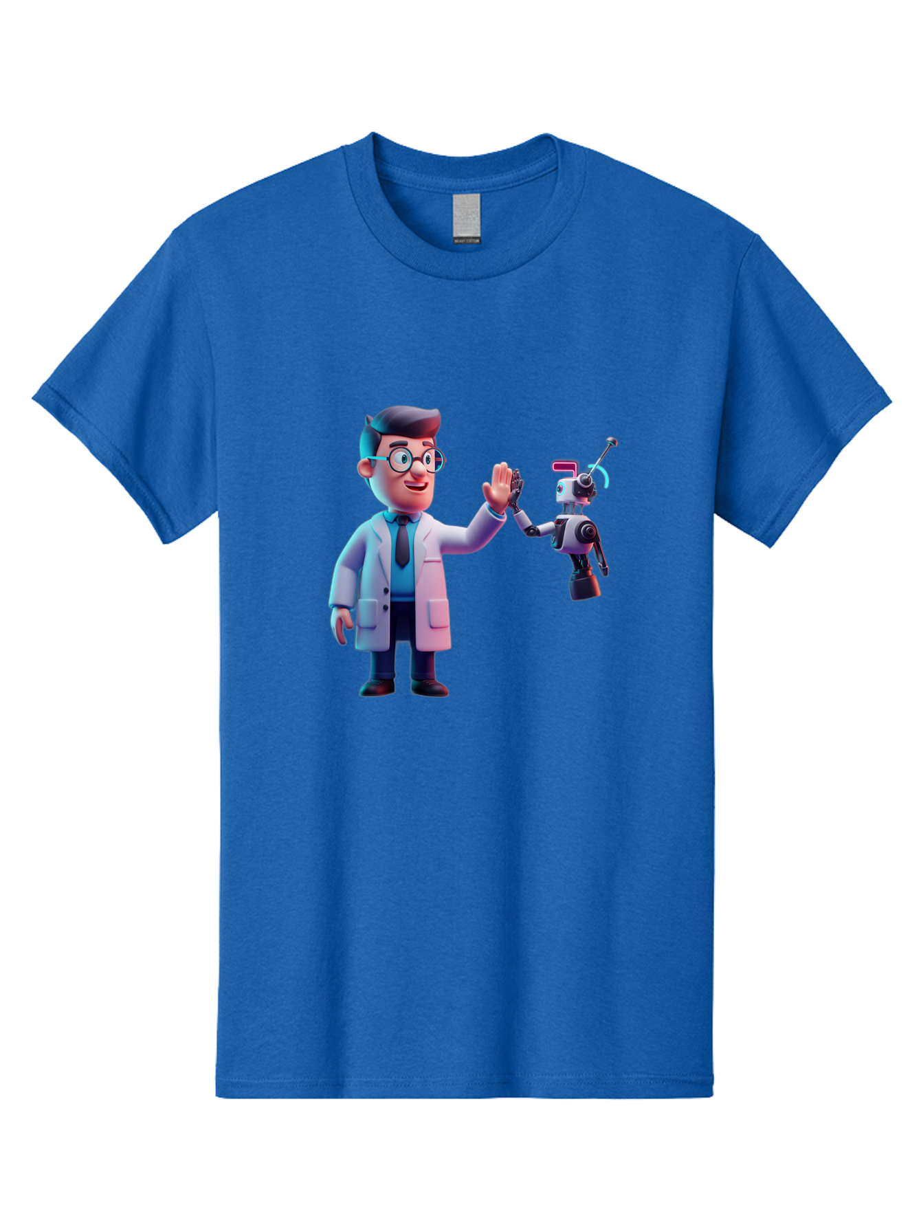 Scientist-And-Robot Men'S Graphic Tee, 100% Cotton, Comfortable Casual Summer Wear, Machine Washable, Scientist In Lab Coat, Robot Companion, High Five Gesture, Futuristic Technology, Artificial Intelligence, Collaboration, Teamwork, Bab387