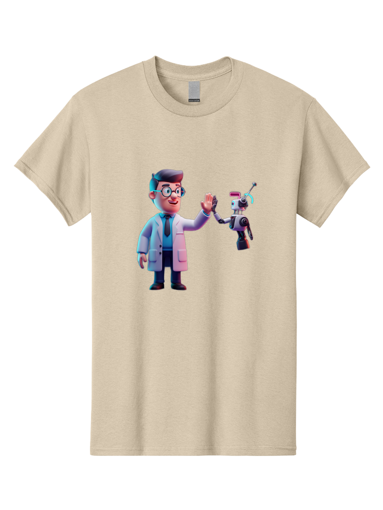 Scientist-And-Robot Men'S Graphic Tee, 100% Cotton, Comfortable Casual Summer Wear, Machine Washable, Scientist In Lab Coat, Robot Companion, High Five Gesture, Futuristic Technology, Artificial Intelligence, Collaboration, Teamwork, Bab387