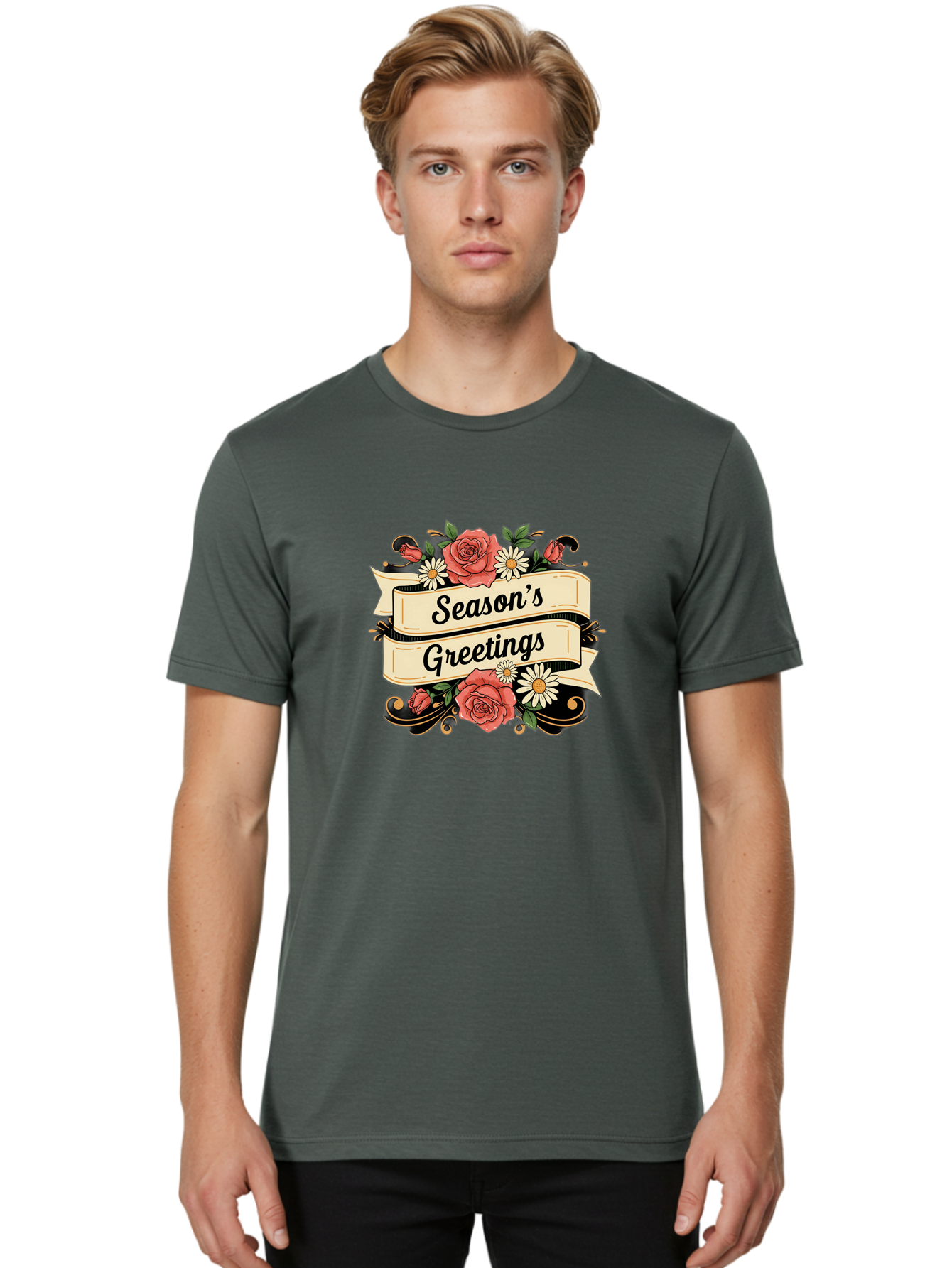 Season-S-Greetings Men'S Graphic Tee, 100% Cotton, Comfortable Casual Summer Wear, Machine Washable, Vintage Floral Design, Roses And Daisies, Festive Holiday Greeting, Elegant Black Script, Classic Christmas Theme, Warm Winter Wishes, Bab388