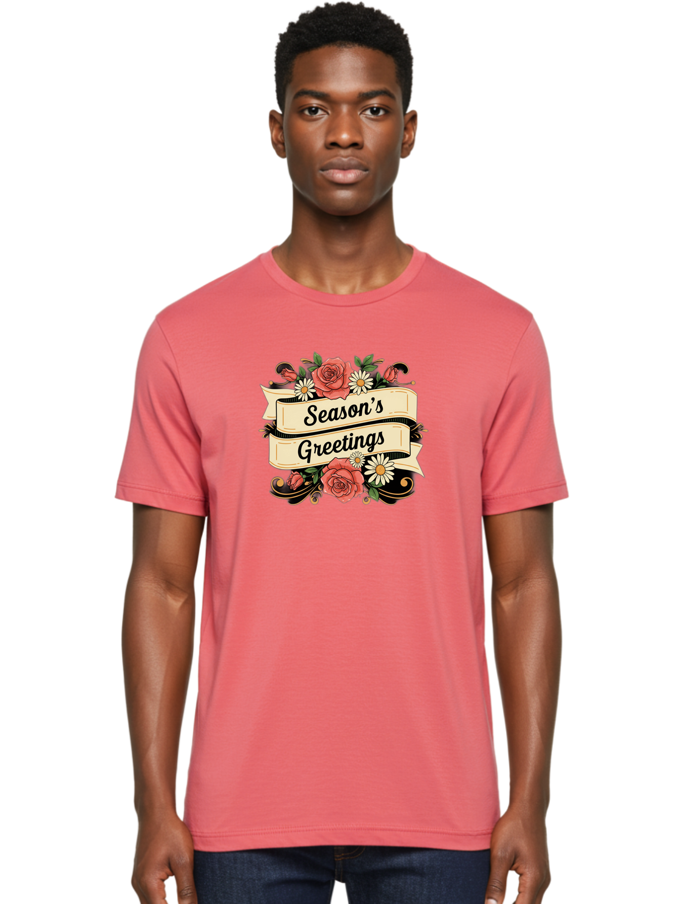 Season-S-Greetings Men'S Graphic Tee, 100% Cotton, Comfortable Casual Summer Wear, Machine Washable, Vintage Floral Design, Roses And Daisies, Festive Holiday Greeting, Elegant Black Script, Classic Christmas Theme, Warm Winter Wishes, Bab388