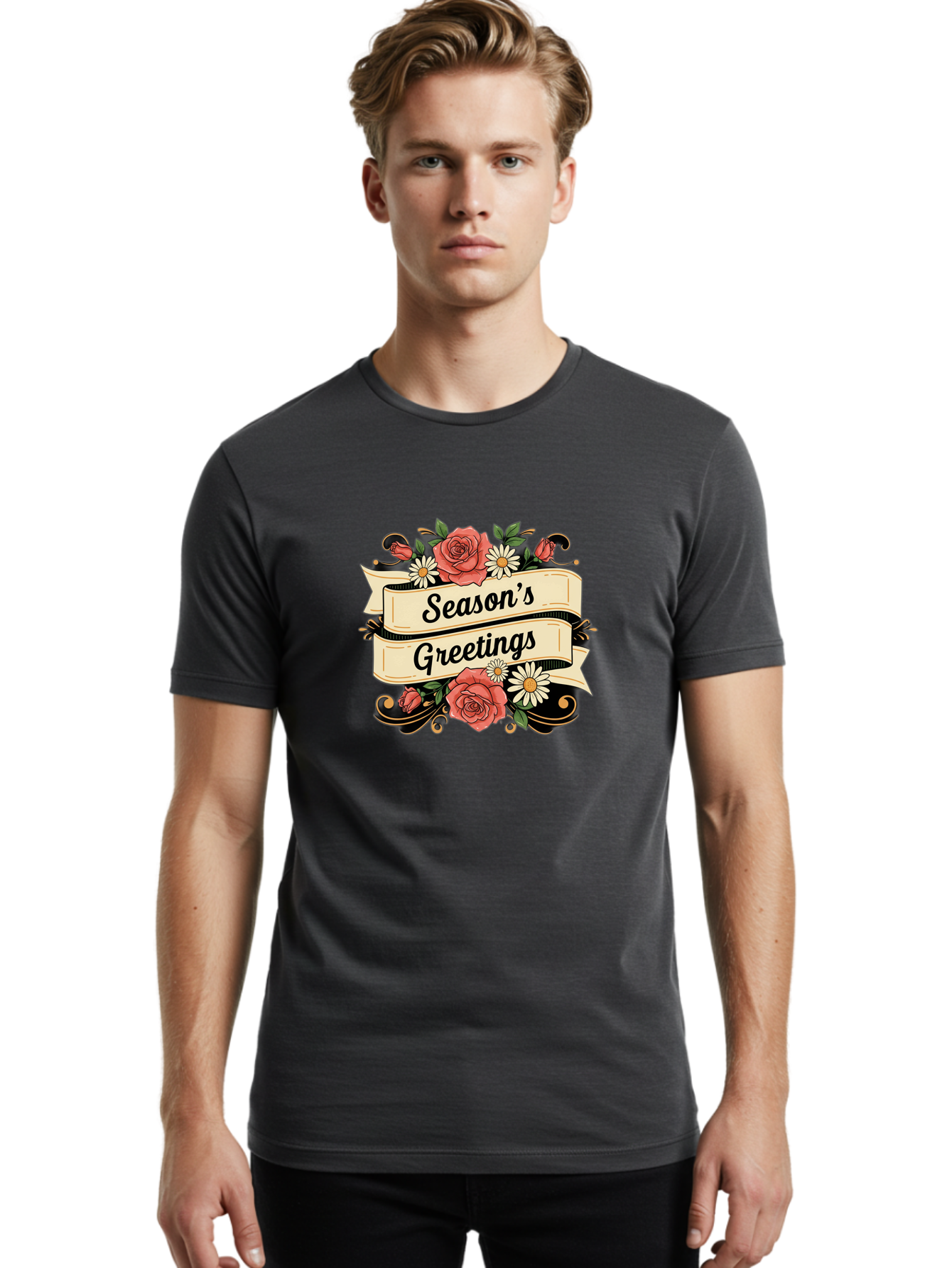 Season-S-Greetings Men'S Graphic Tee, 100% Cotton, Comfortable Casual Summer Wear, Machine Washable, Vintage Floral Design, Roses And Daisies, Festive Holiday Greeting, Elegant Black Script, Classic Christmas Theme, Warm Winter Wishes, Bab388
