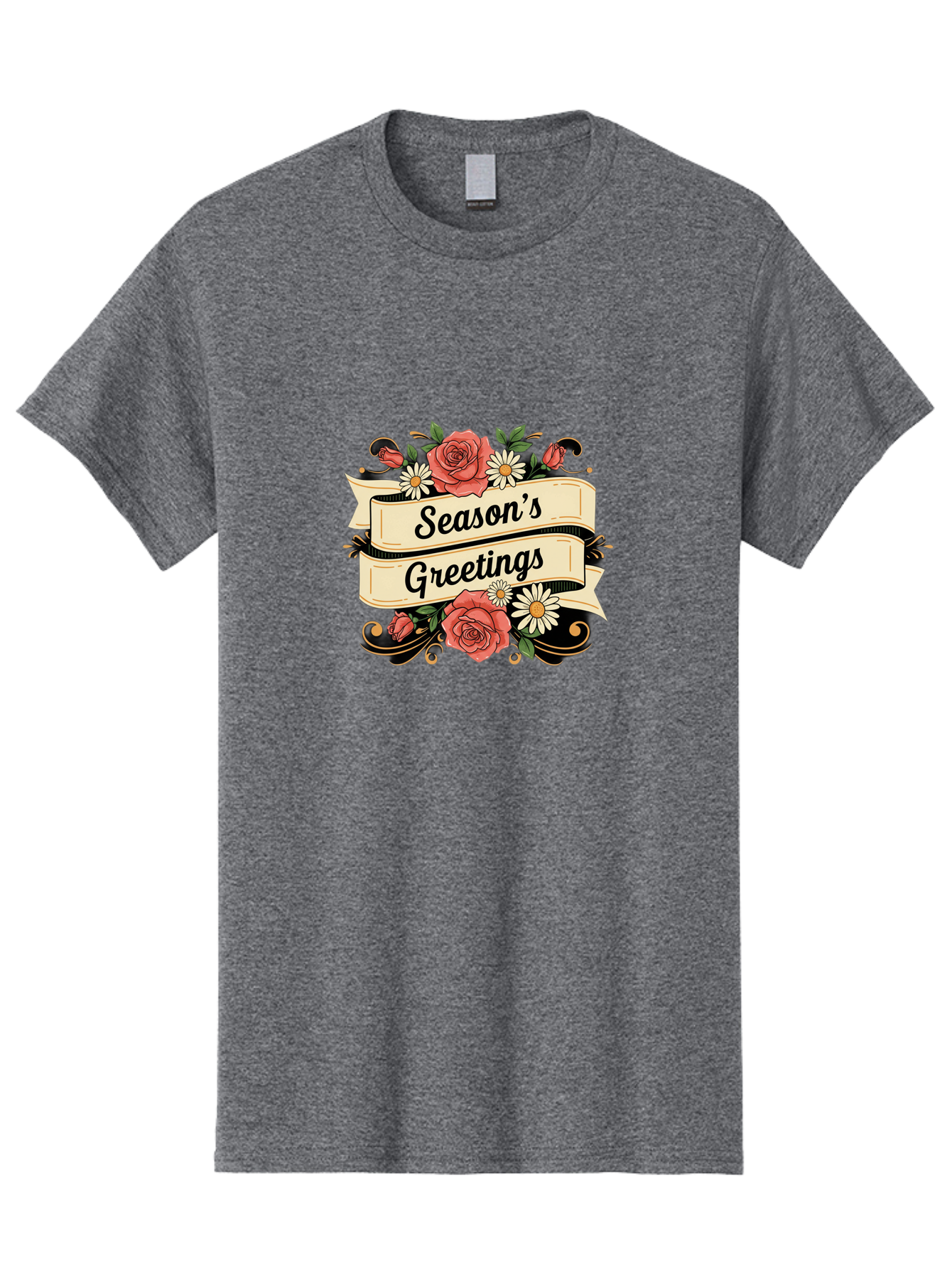 Season-S-Greetings Men'S Graphic Tee, 100% Cotton, Comfortable Casual Summer Wear, Machine Washable, Vintage Floral Design, Roses And Daisies, Festive Holiday Greeting, Elegant Black Script, Classic Christmas Theme, Warm Winter Wishes, Bab388