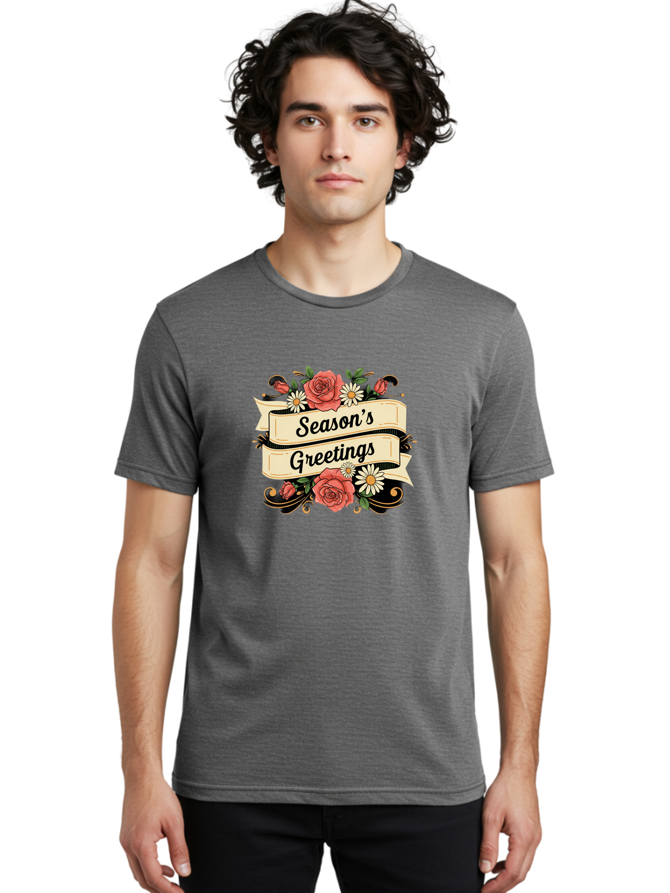 Season-S-Greetings Men'S Graphic Tee, 100% Cotton, Comfortable Casual Summer Wear, Machine Washable, Vintage Floral Design, Roses And Daisies, Festive Holiday Greeting, Elegant Black Script, Classic Christmas Theme, Warm Winter Wishes, Bab388
