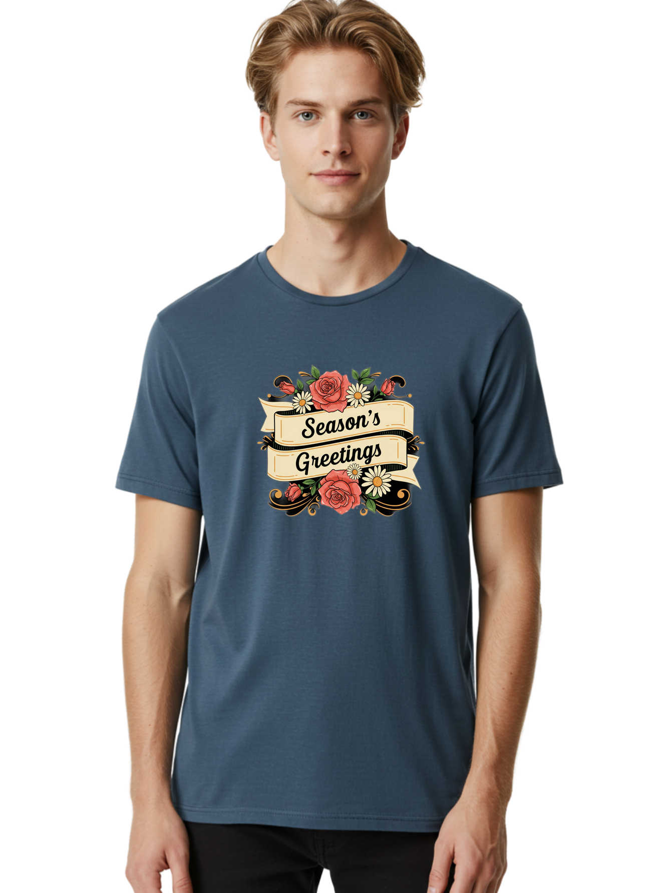 Season-S-Greetings Men'S Graphic Tee, 100% Cotton, Comfortable Casual Summer Wear, Machine Washable, Vintage Floral Design, Roses And Daisies, Festive Holiday Greeting, Elegant Black Script, Classic Christmas Theme, Warm Winter Wishes, Bab388