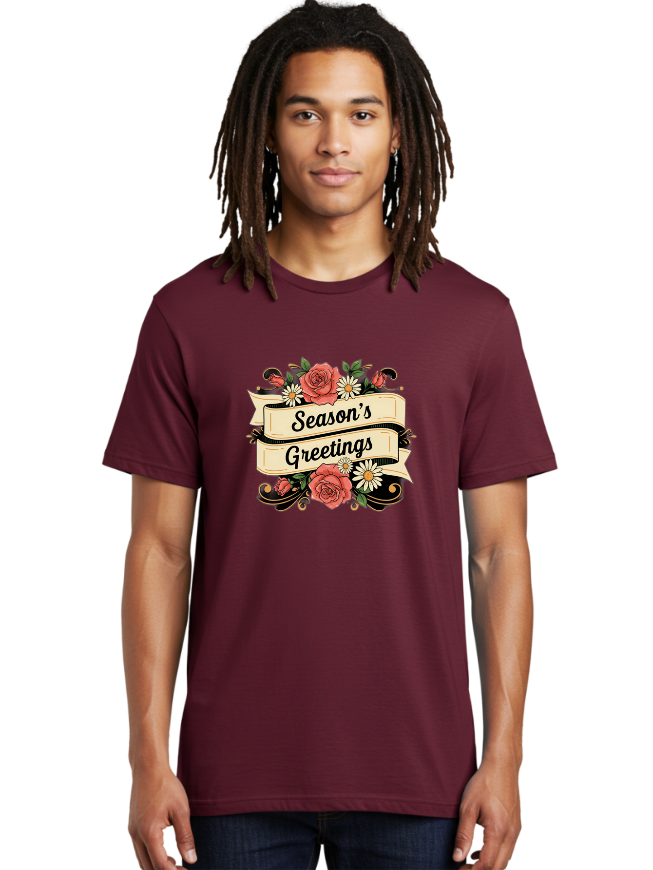 Season-S-Greetings Men'S Graphic Tee, 100% Cotton, Comfortable Casual Summer Wear, Machine Washable, Vintage Floral Design, Roses And Daisies, Festive Holiday Greeting, Elegant Black Script, Classic Christmas Theme, Warm Winter Wishes, Bab388
