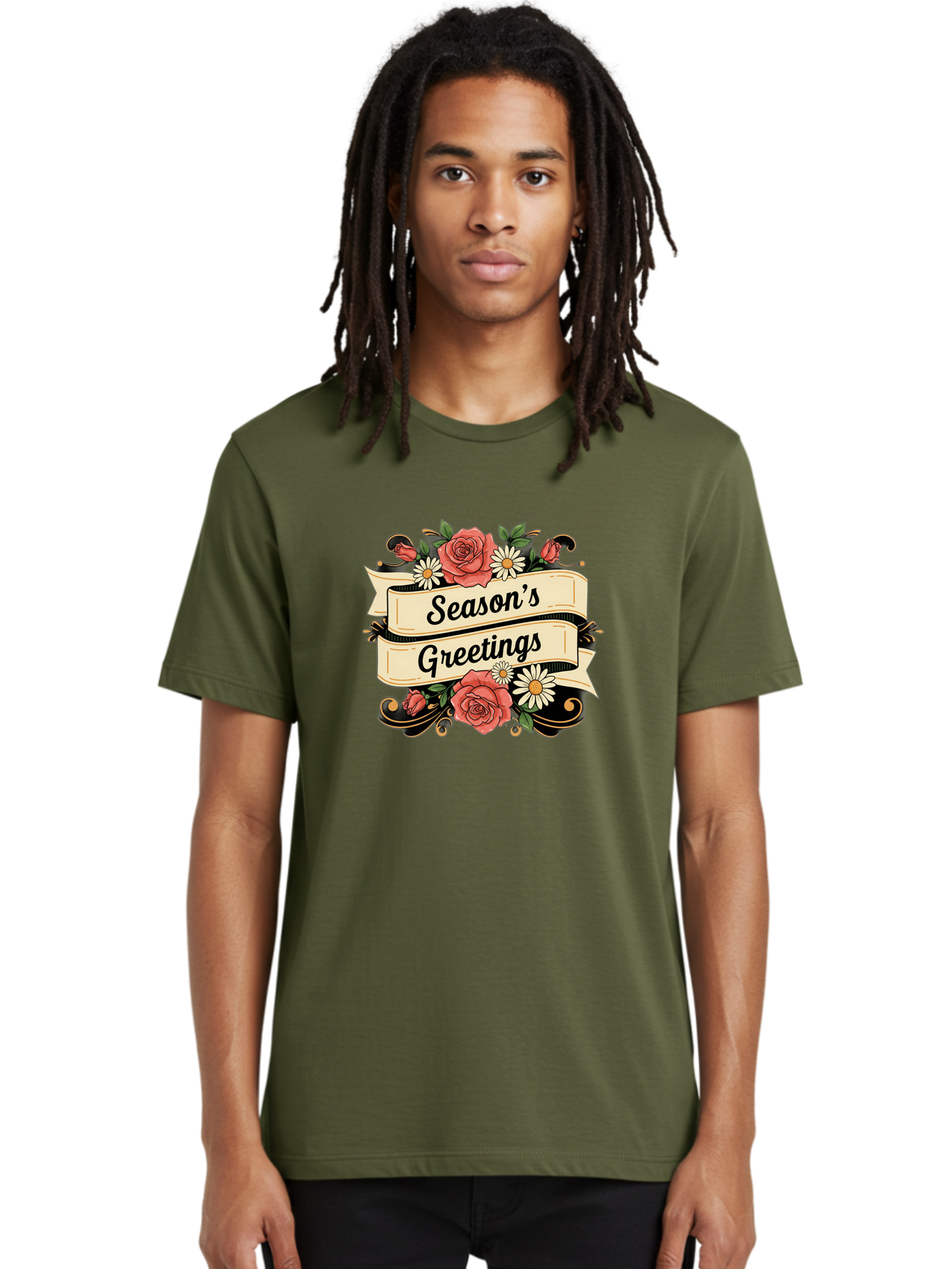 Season-S-Greetings Men'S Graphic Tee, 100% Cotton, Comfortable Casual Summer Wear, Machine Washable, Vintage Floral Design, Roses And Daisies, Festive Holiday Greeting, Elegant Black Script, Classic Christmas Theme, Warm Winter Wishes, Bab388