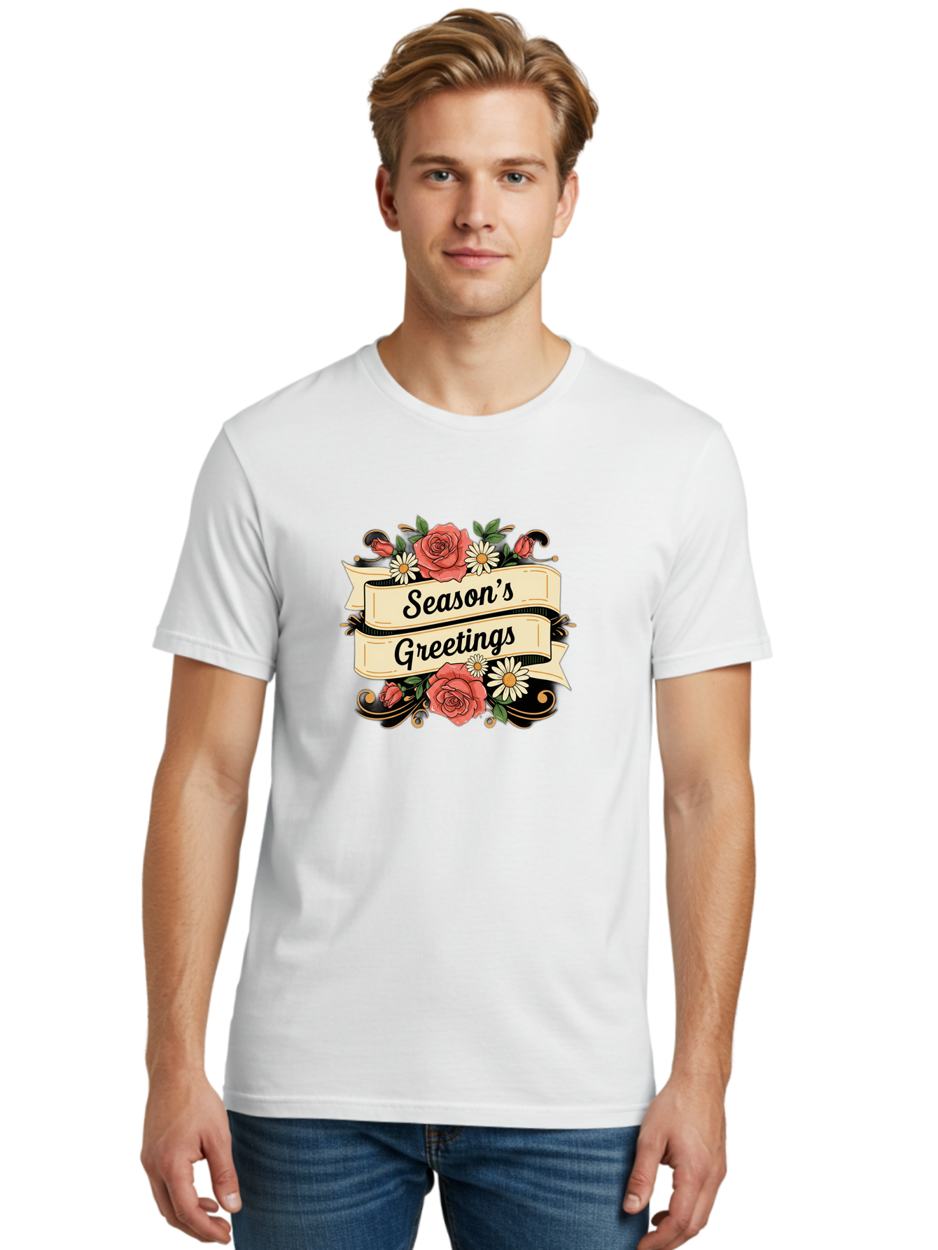 Season-S-Greetings Men'S Graphic Tee, 100% Cotton, Comfortable Casual Summer Wear, Machine Washable, Vintage Floral Design, Roses And Daisies, Festive Holiday Greeting, Elegant Black Script, Classic Christmas Theme, Warm Winter Wishes, Bab388