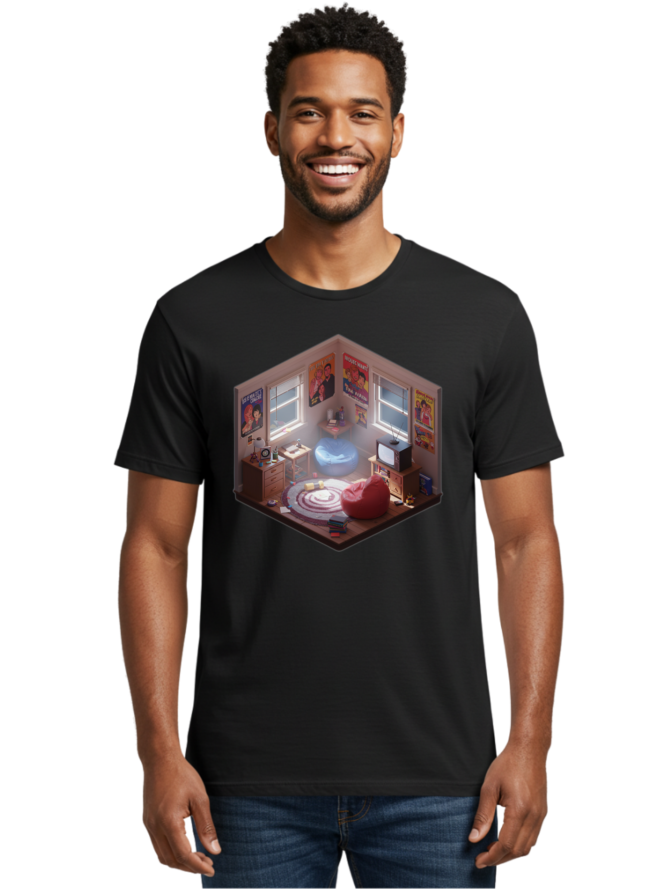 Seinfeld-Bedroom Men'S Graphic Tee, 100% Cotton, Comfortable Casual Summer Wear, Machine Washable, Isometric Bedroom, Cozy Interior Design, Retro Decor, Bean Bag Chair, Vintage Tv, Movie Posters, 90S Nostalgia, Hipster Room, Movie Memorabilia, Bab390