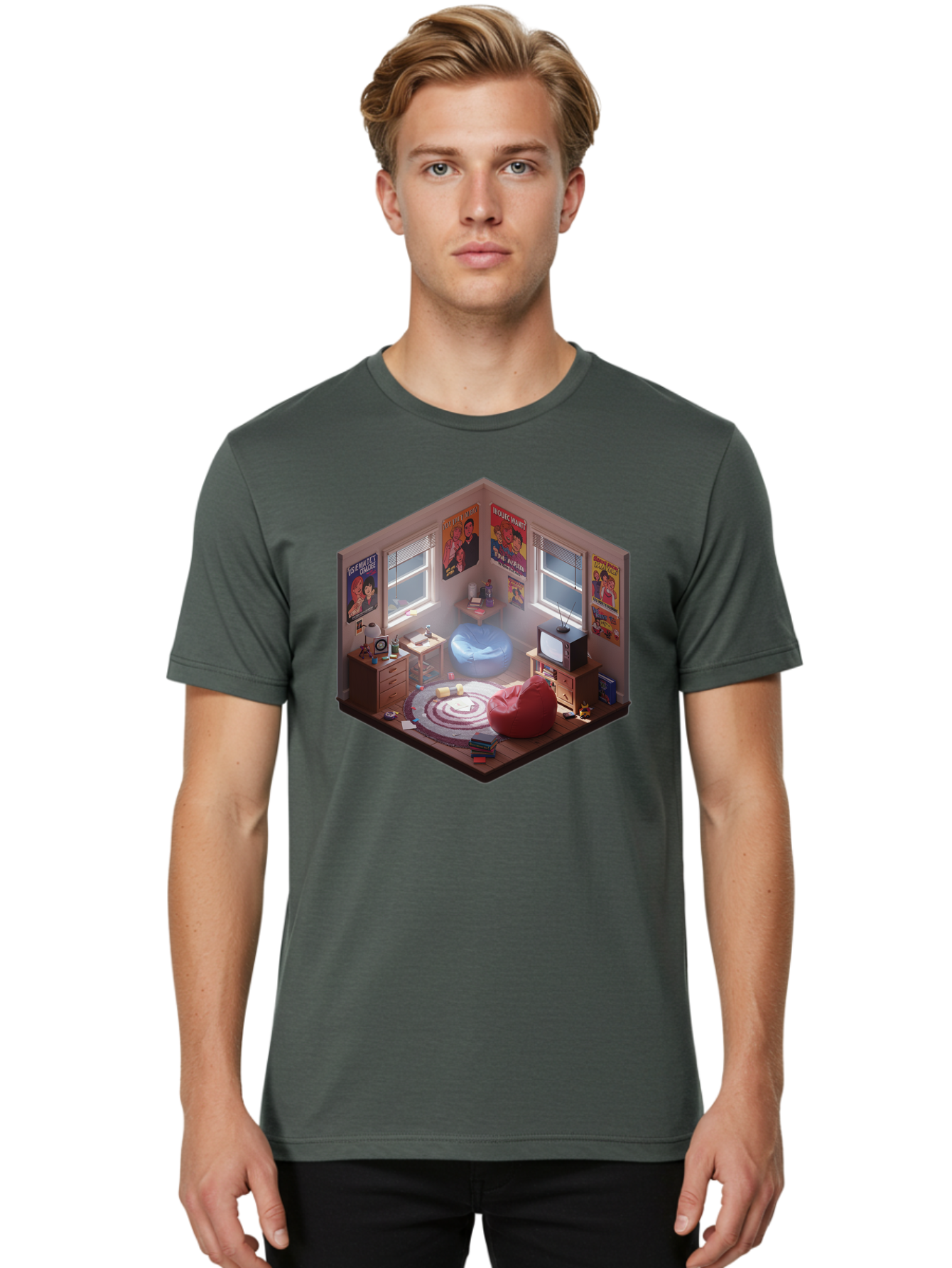 Seinfeld-Bedroom Men'S Graphic Tee, 100% Cotton, Comfortable Casual Summer Wear, Machine Washable, Isometric Bedroom, Cozy Interior Design, Retro Decor, Bean Bag Chair, Vintage Tv, Movie Posters, 90S Nostalgia, Hipster Room, Movie Memorabilia, Bab390