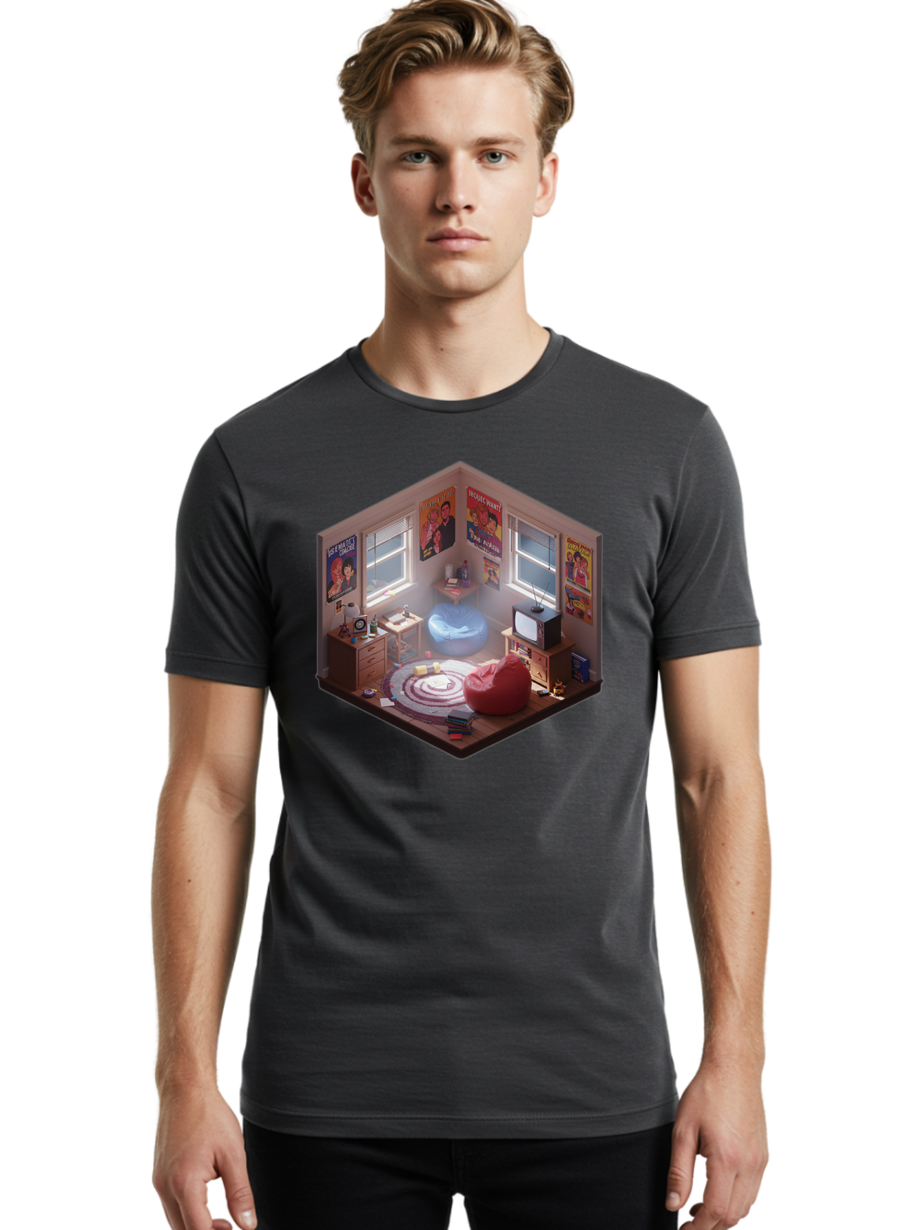 Seinfeld-Bedroom Men'S Graphic Tee, 100% Cotton, Comfortable Casual Summer Wear, Machine Washable, Isometric Bedroom, Cozy Interior Design, Retro Decor, Bean Bag Chair, Vintage Tv, Movie Posters, 90S Nostalgia, Hipster Room, Movie Memorabilia, Bab390