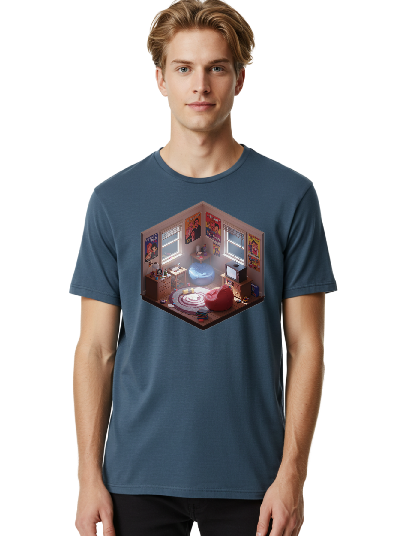 Seinfeld-Bedroom Men'S Graphic Tee, 100% Cotton, Comfortable Casual Summer Wear, Machine Washable, Isometric Bedroom, Cozy Interior Design, Retro Decor, Bean Bag Chair, Vintage Tv, Movie Posters, 90S Nostalgia, Hipster Room, Movie Memorabilia, Bab390