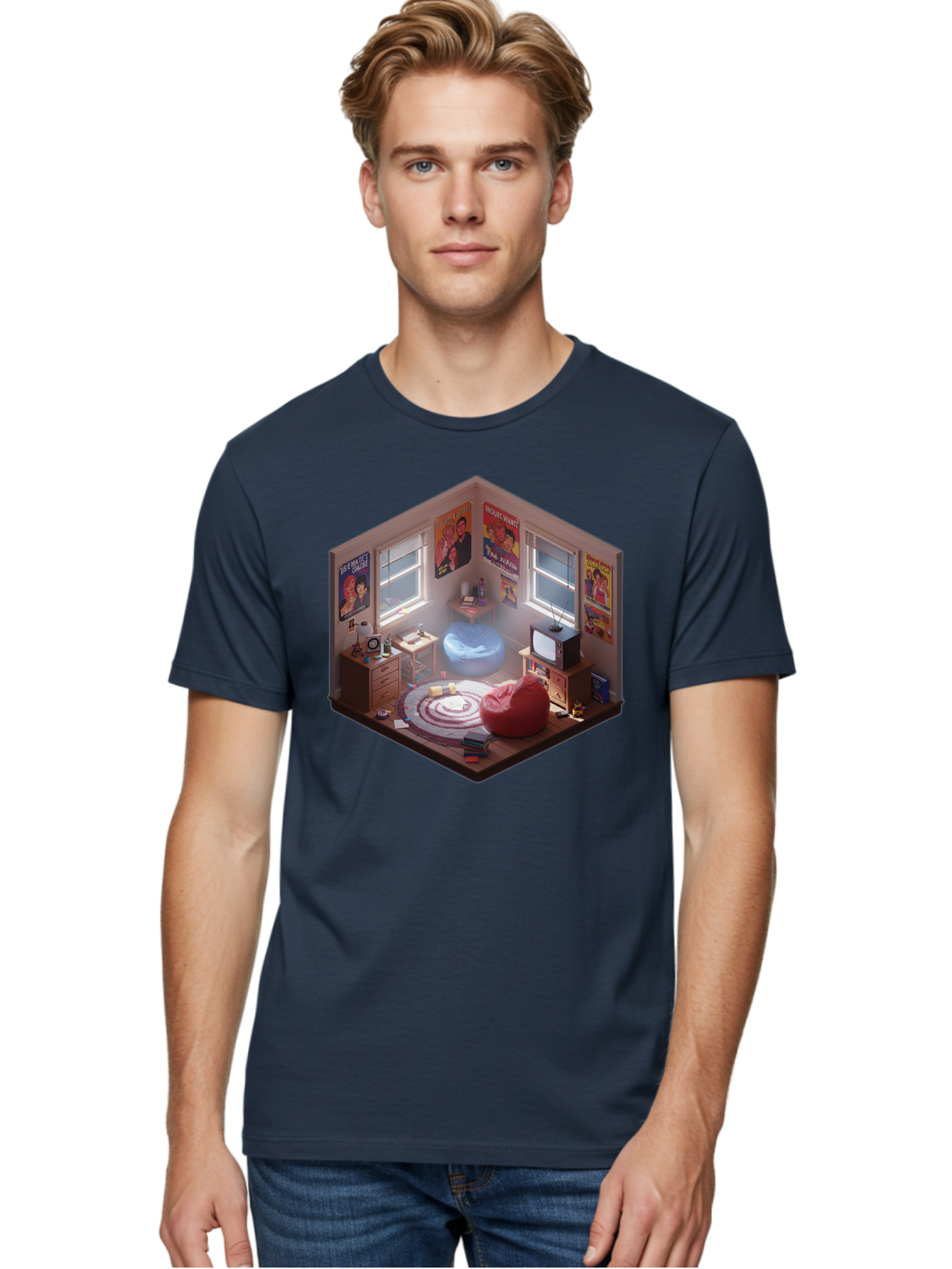 Seinfeld-Bedroom Men'S Graphic Tee, 100% Cotton, Comfortable Casual Summer Wear, Machine Washable, Isometric Bedroom, Cozy Interior Design, Retro Decor, Bean Bag Chair, Vintage Tv, Movie Posters, 90S Nostalgia, Hipster Room, Movie Memorabilia, Bab390