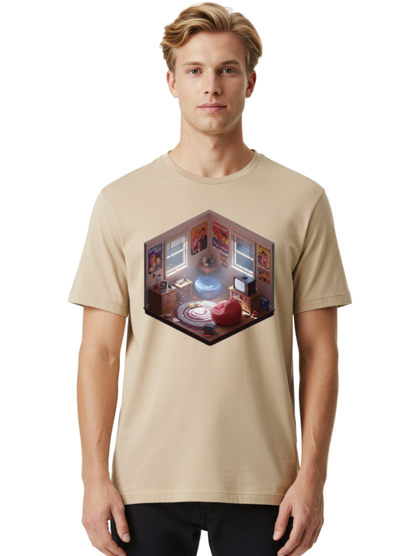 Seinfeld-Bedroom Men'S Graphic Tee, 100% Cotton, Comfortable Casual Summer Wear, Machine Washable, Isometric Bedroom, Cozy Interior Design, Retro Decor, Bean Bag Chair, Vintage Tv, Movie Posters, 90S Nostalgia, Hipster Room, Movie Memorabilia, Bab390