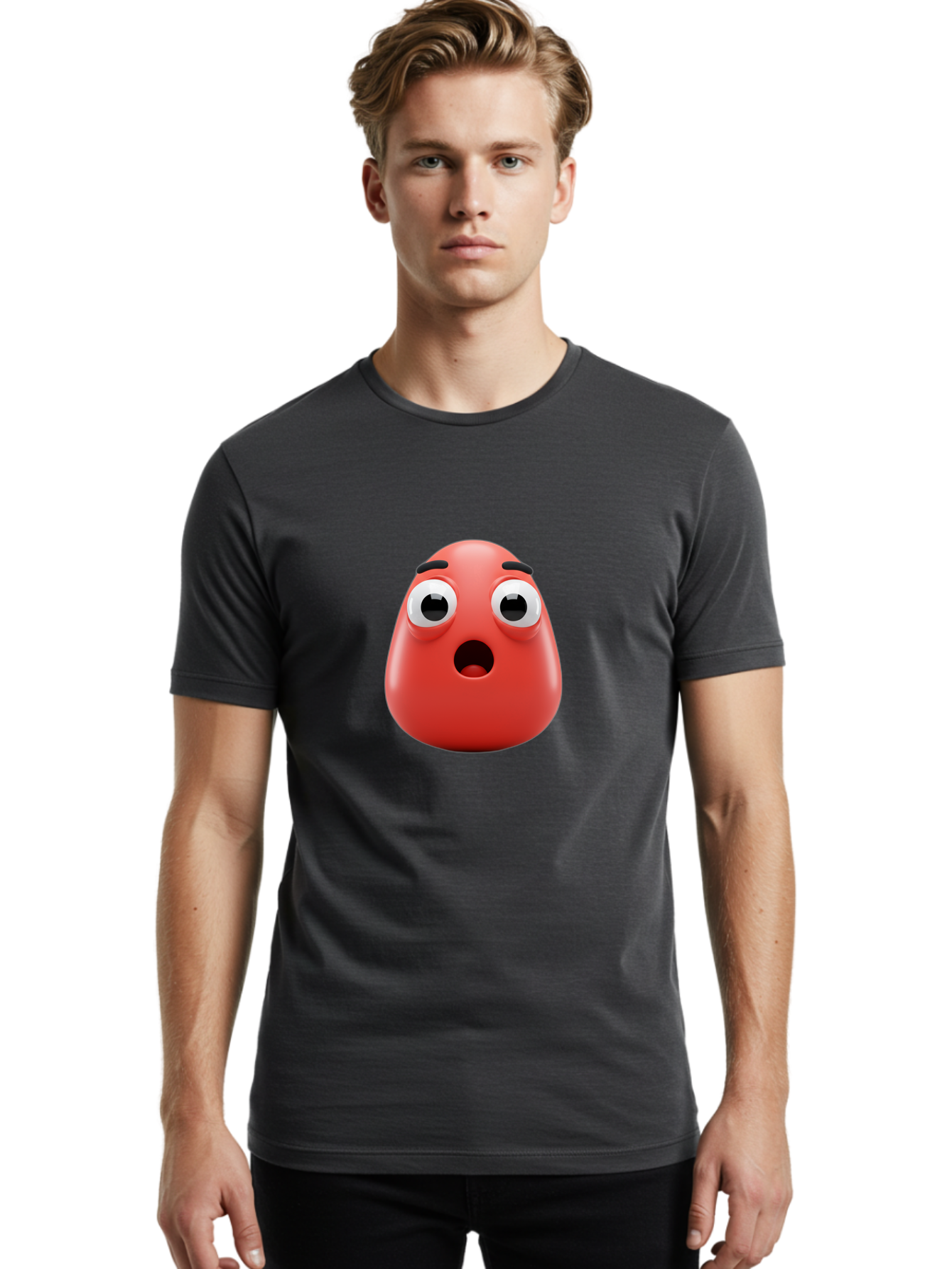 Shocked-Emoji Men'S Graphic Tee, 100% Cotton, Comfortable Casual Summer Wear, Machine Washable, Shocked Face, Surprised Expression, Cartoon Emoji, Red Color, Eyebrow Raised, Mouth Agape, Astonished Look, Funny Face, Emoticon, 3D Rendering, Bab393