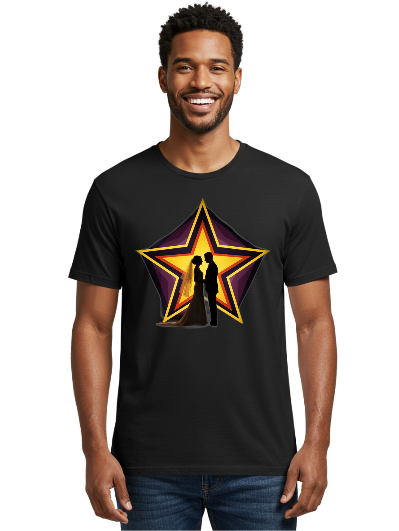 Silhouette-Couple-Star Men'S Graphic Tee, 100% Cotton, Comfortable Casual Summer Wear, Machine Washable, Newlywed Couple, Silhouetted Figures, Wedding Vows, Star Symbol, Love And Unity, Romantic Moment, Couple'S Love, Wedding Inspiration, Bab394