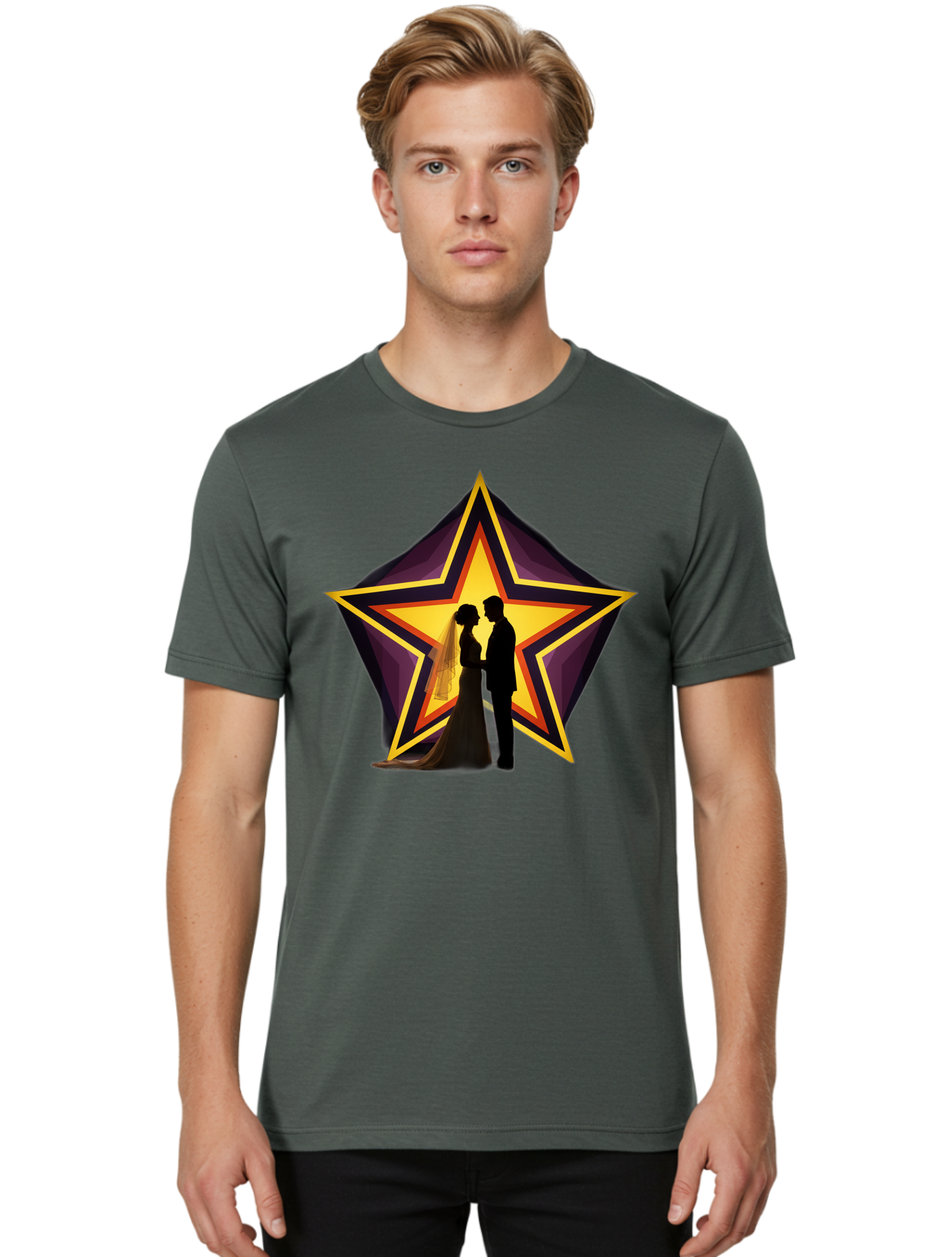 Silhouette-Couple-Star Men'S Graphic Tee, 100% Cotton, Comfortable Casual Summer Wear, Machine Washable, Newlywed Couple, Silhouetted Figures, Wedding Vows, Star Symbol, Love And Unity, Romantic Moment, Couple'S Love, Wedding Inspiration, Bab394